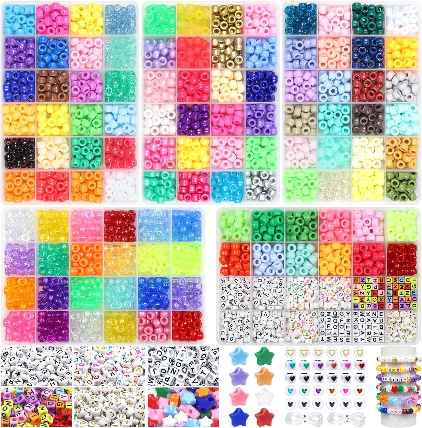BIBOKLTIY Kit de fabricación de pulseras de cuentas de poni, 108 colores para pulseras de amistad, 3600 cuentas Kandi con cuentas de letras y