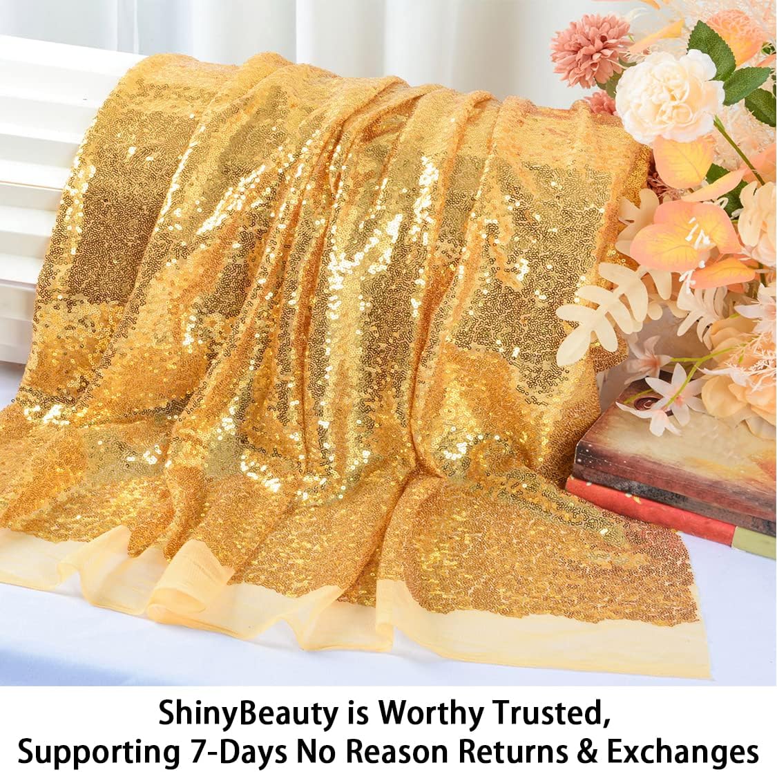ShinyBeauty Perno de tela de lentejuelas doradas (15 pies 5 yardas)