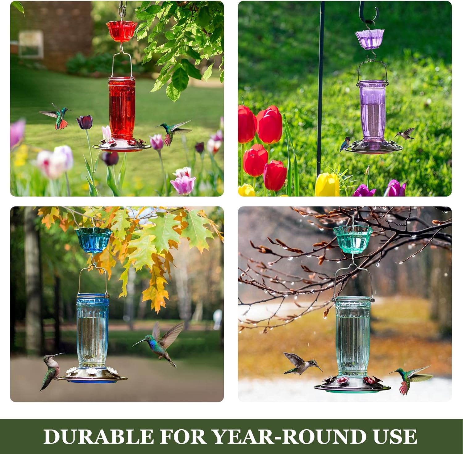 Kingsyard Comedero de cristal para colibríes para exteriores, comedero para pájaros silvestres con 6 puertos de alimentación para colgar para jardín