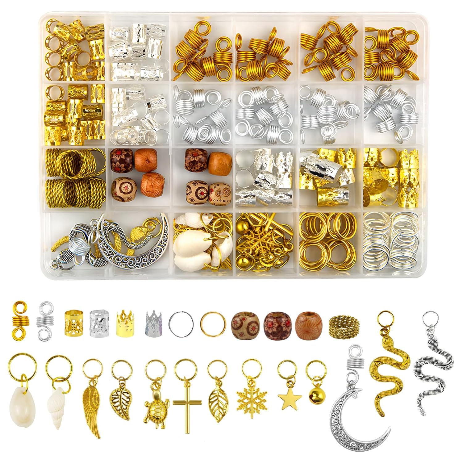 Qingchuang 241 piezas de joyas para el cabello para trenzas, rastas de metal dorado y plateado, conchas de imitación de madera, puños ajustables,