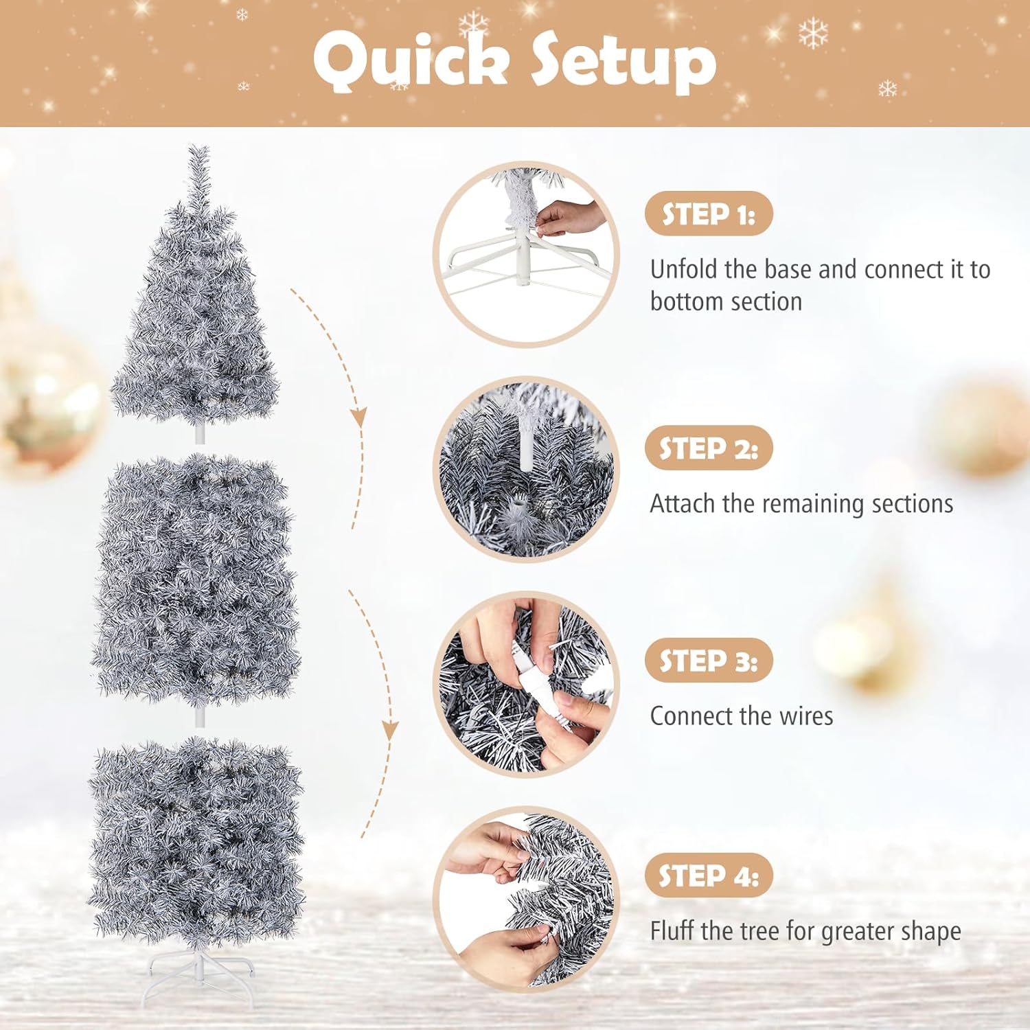 HAPPYGRILL Árbol de Navidad artificial preiluminado de 6 pies, árbol de Navidad con bisagras con 475 puntas de rama, 250 luces LED blancas frías,