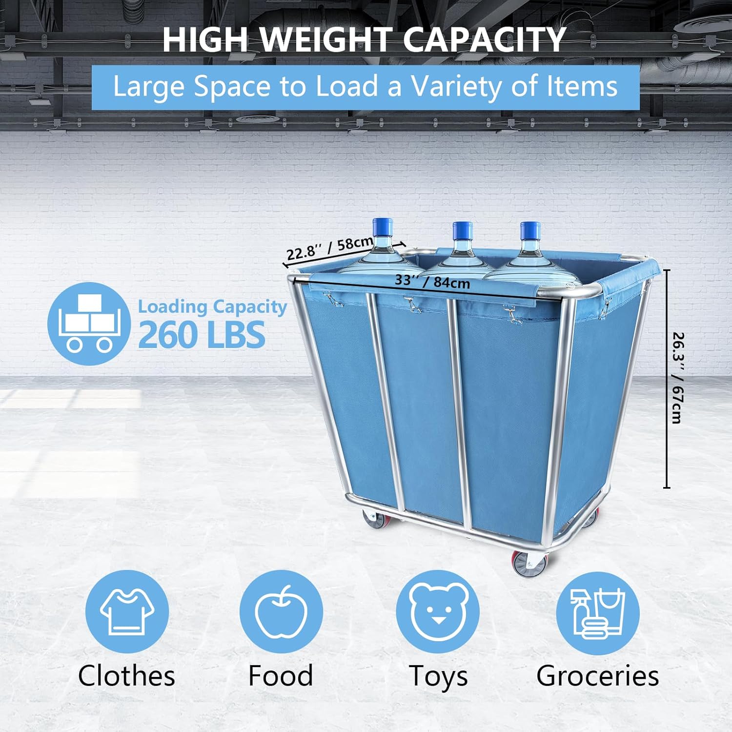 Carrito de lavandería comercial con ruedas de 4 pulgadas, cesta de lavandería grande resistente, 10 bushel (350 litros), cesta de lavandería
