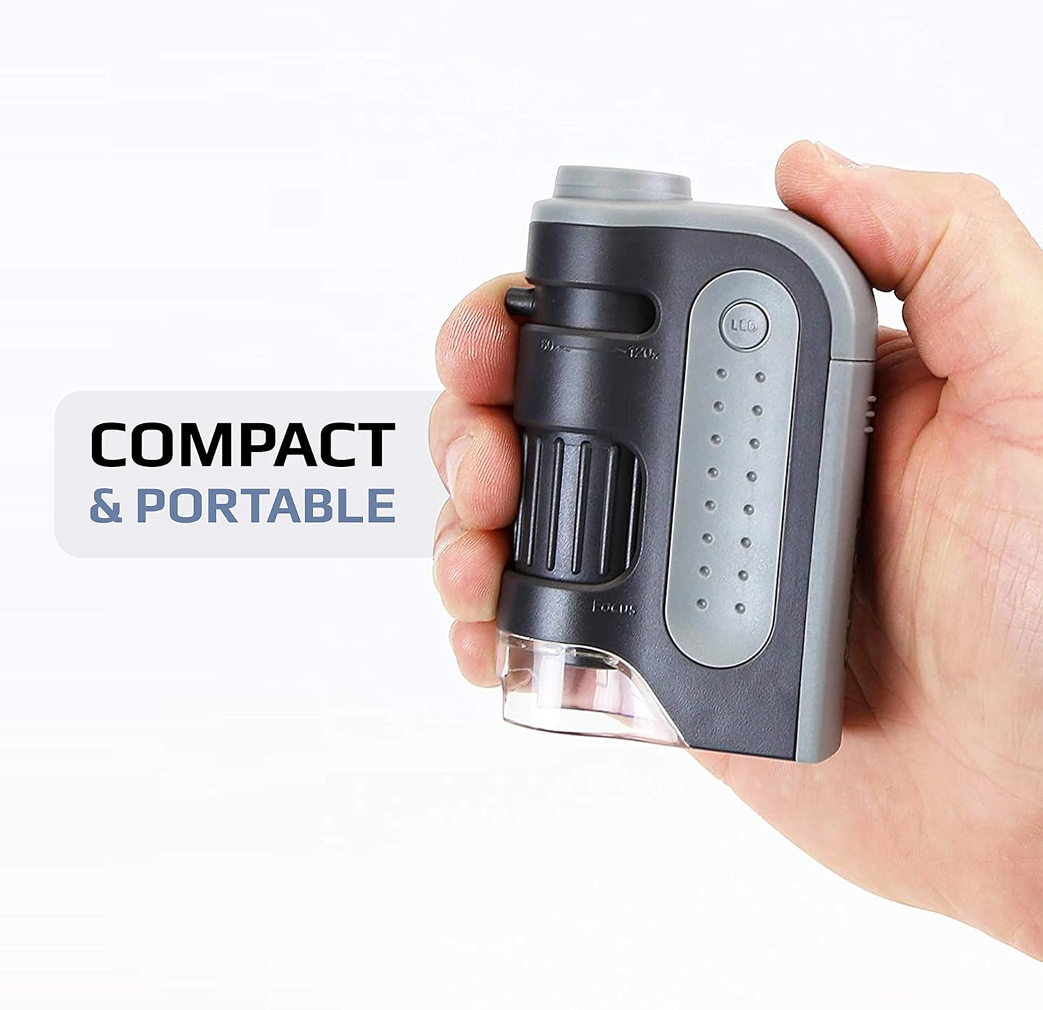 Carson MicroMini – Microscopio de bolsillo con iluminación LED y linterna UV integrada y clip adaptador universal para digiscopio para teléfono