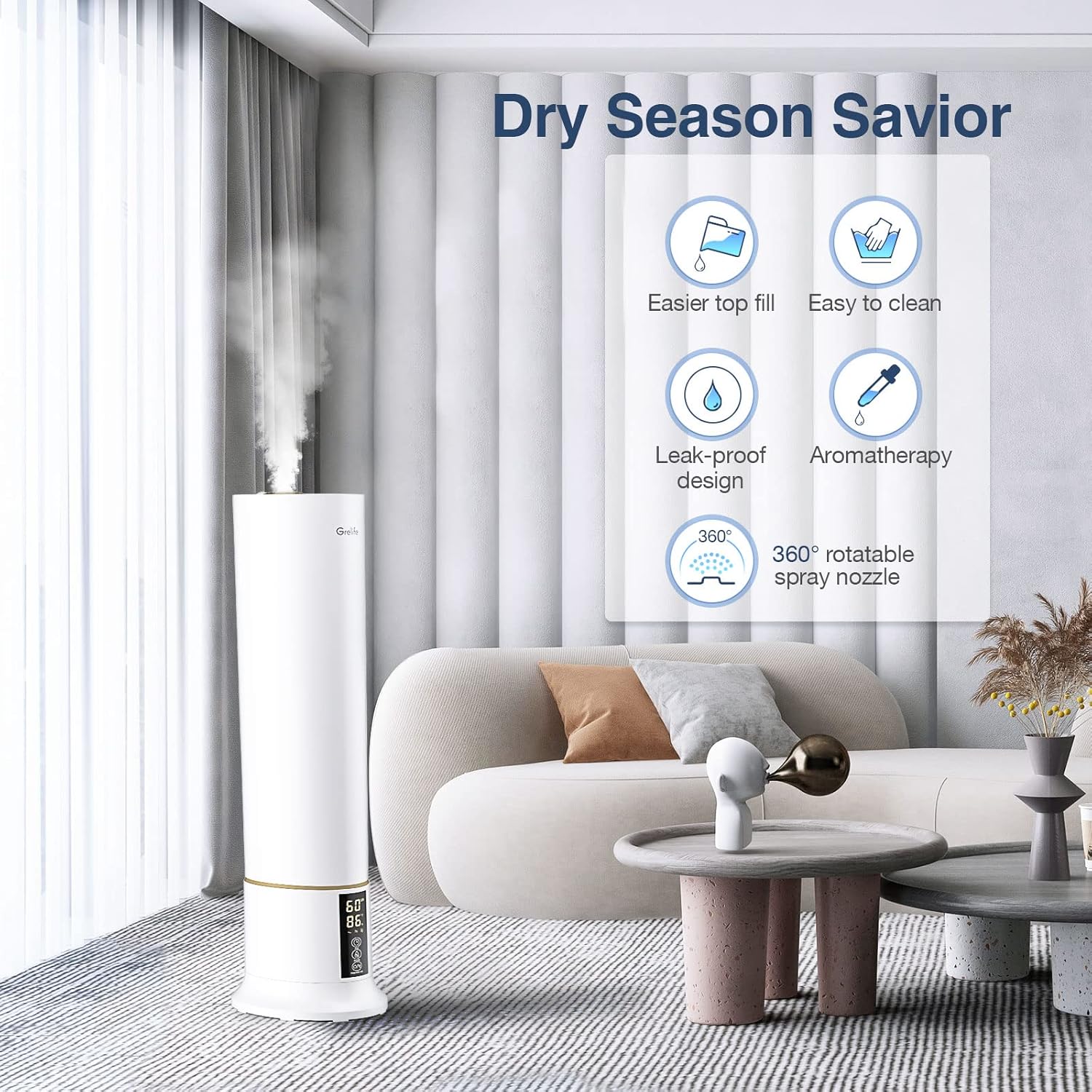 Grelife Humidificadores grandes de 9L2.38 galones para dormitorio, habitación grande, humidificador ultrasónico de llenado superior de niebla fría