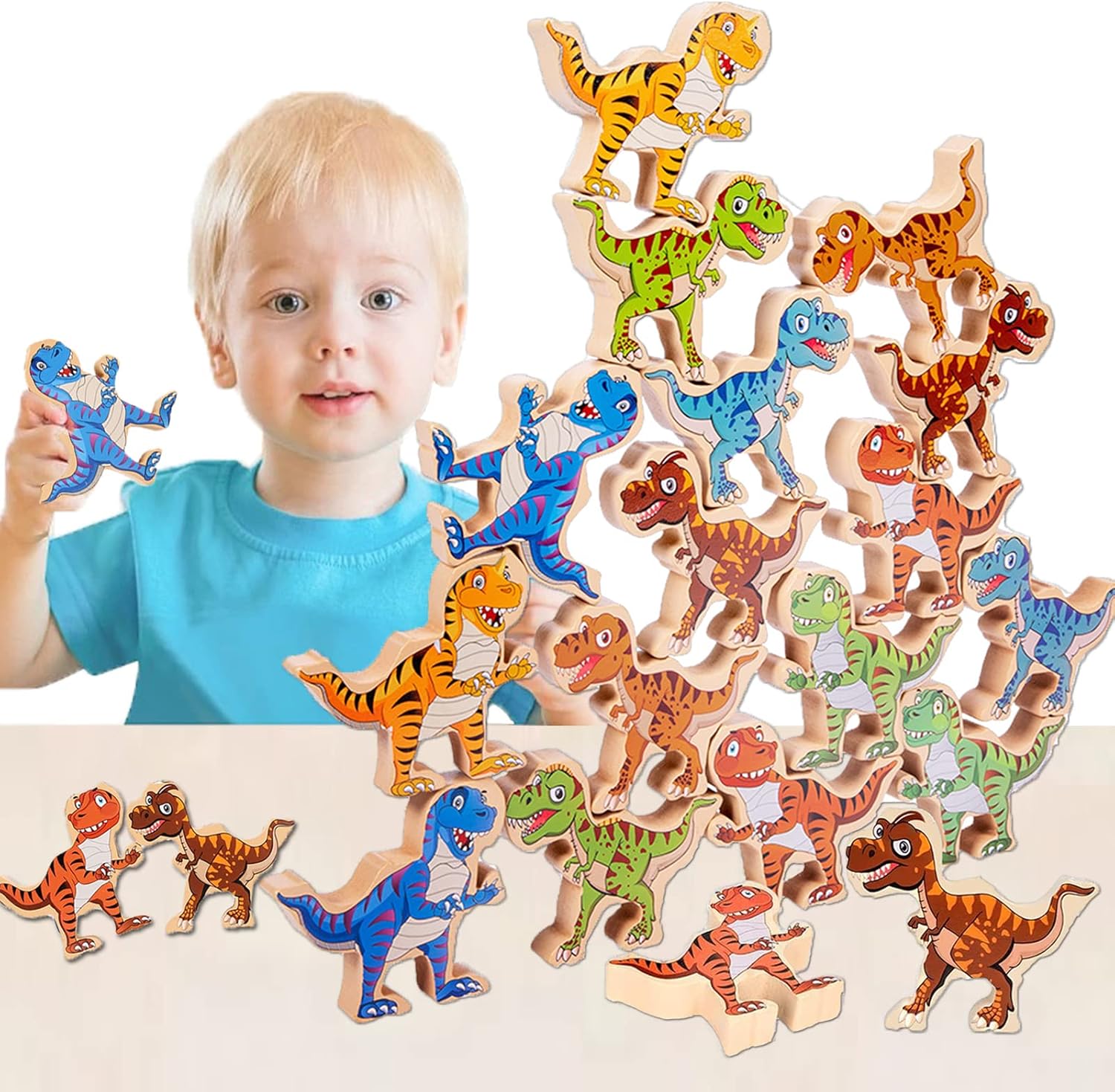 Juguetes de dinosaurio apilables de madera para niños, 16 piezas de juguete de dinosaurio para niños de 3 a 5 años, juguetes Montessori, juego de
