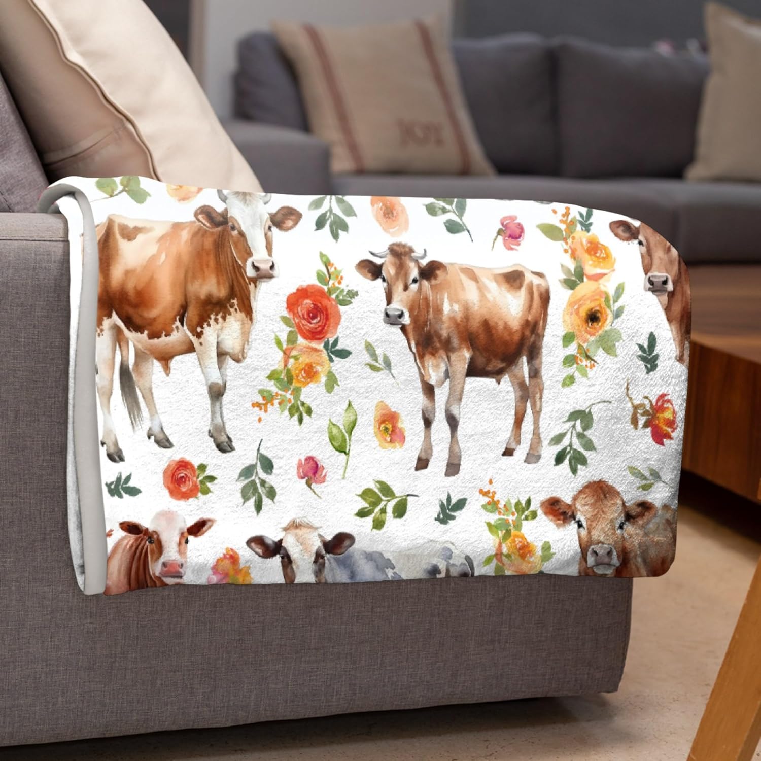 Manta de vaca floral de vaca  Regalos de vaca para niños y niñas  Decoración de vaca para sofá, cama, sofá  Manta de decoración de animales de