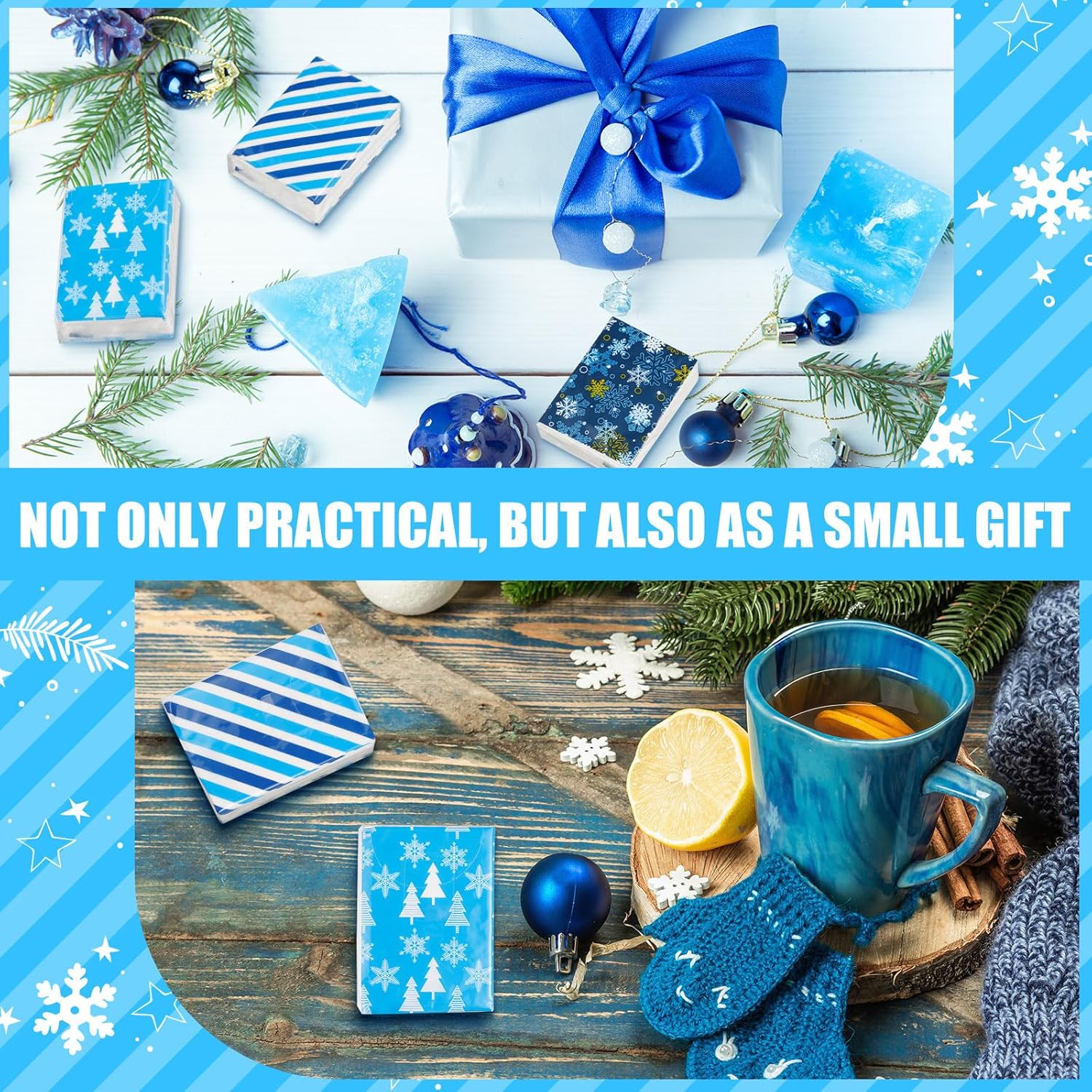 Paquete de 120 pañuelos de viaje de Navidad a granel, pañuelos de bolsillo de copo de nieve azul, paquetes de pañuelos faciales de 3 capas, paquetes