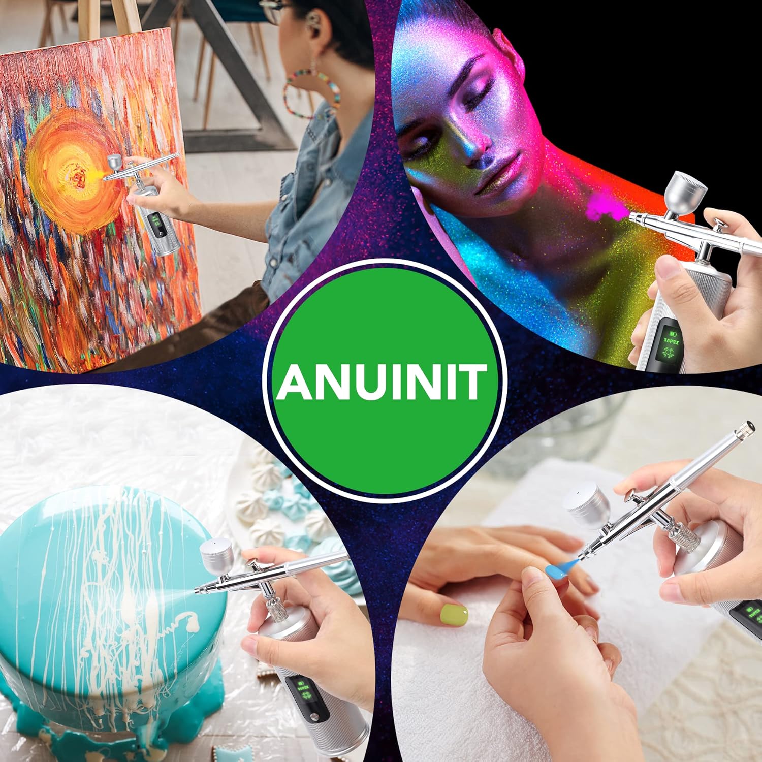 ANUINIT Kit de aerógrafo de 36 PSI con compresor, modo de doble acción, pantalla LCD, aerógrafo de mano inalámbrico para uñas, pasteles, maquillaje,