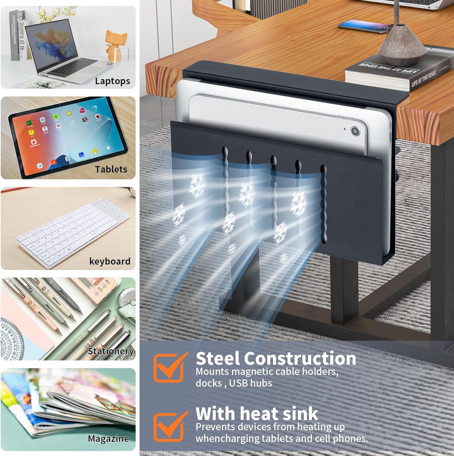 FEIKU Soporte de almacenamiento lateral para escritorio, soporte para laptop con soporte magnético para bolígrafos, bandeja de gestión de cables