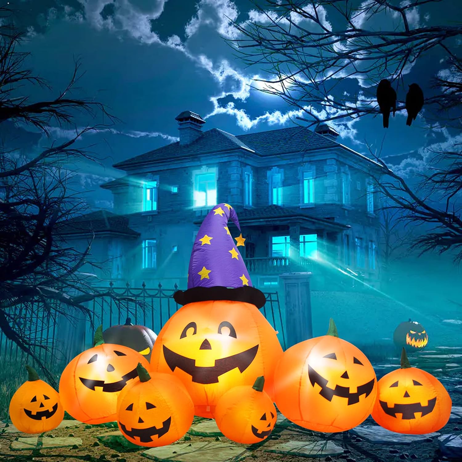 Evoio Calabazas inflables de Halloween de 8 pies para decoración al aire libre, calabazas inflables de patio y sombrero de bruja con luces LED