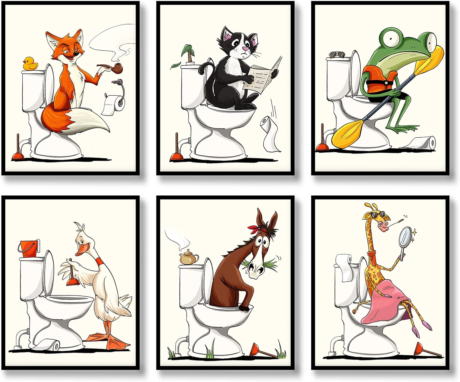 Juego de 6 pósteres de lienzo para pared de baño, diseño de animales, diseño de zorro, gato, rana, jirafa, caballo en el inodoro, ilustración para