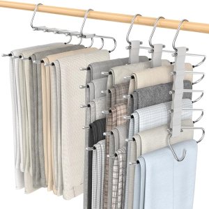 Loretoy Paquete de 4 perchas para pantalones que ahorran espacio, estante multifuncional antideslizante para pantalones, tubo de acero inoxidable Loretoy Paquete de 4 perchas para pantalones que ahorran espacio, estante multifuncional antideslizante para pantalones, tubo de acero inoxidable