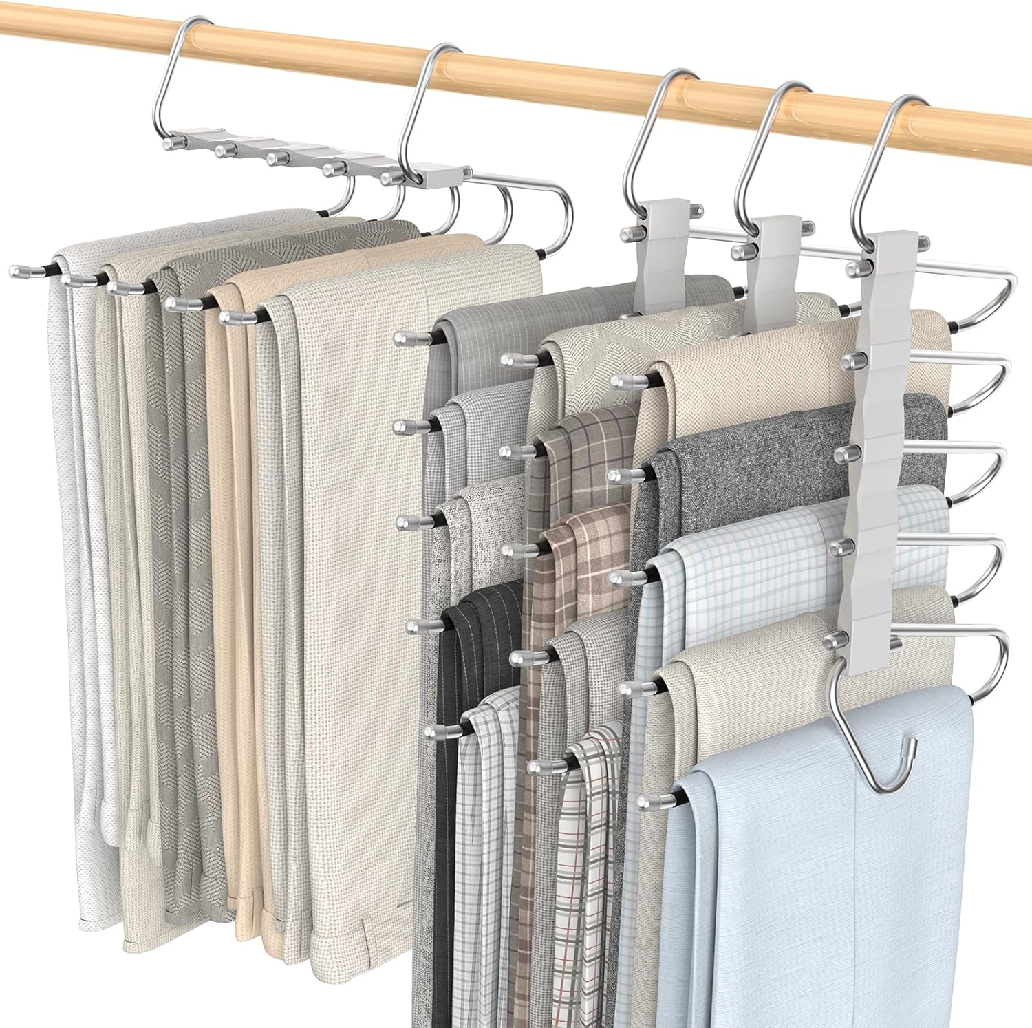 Loretoy Paquete de 4 perchas para pantalones que ahorran espacio, estante multifuncional antideslizante para pantalones, tubo de acero inoxidable
