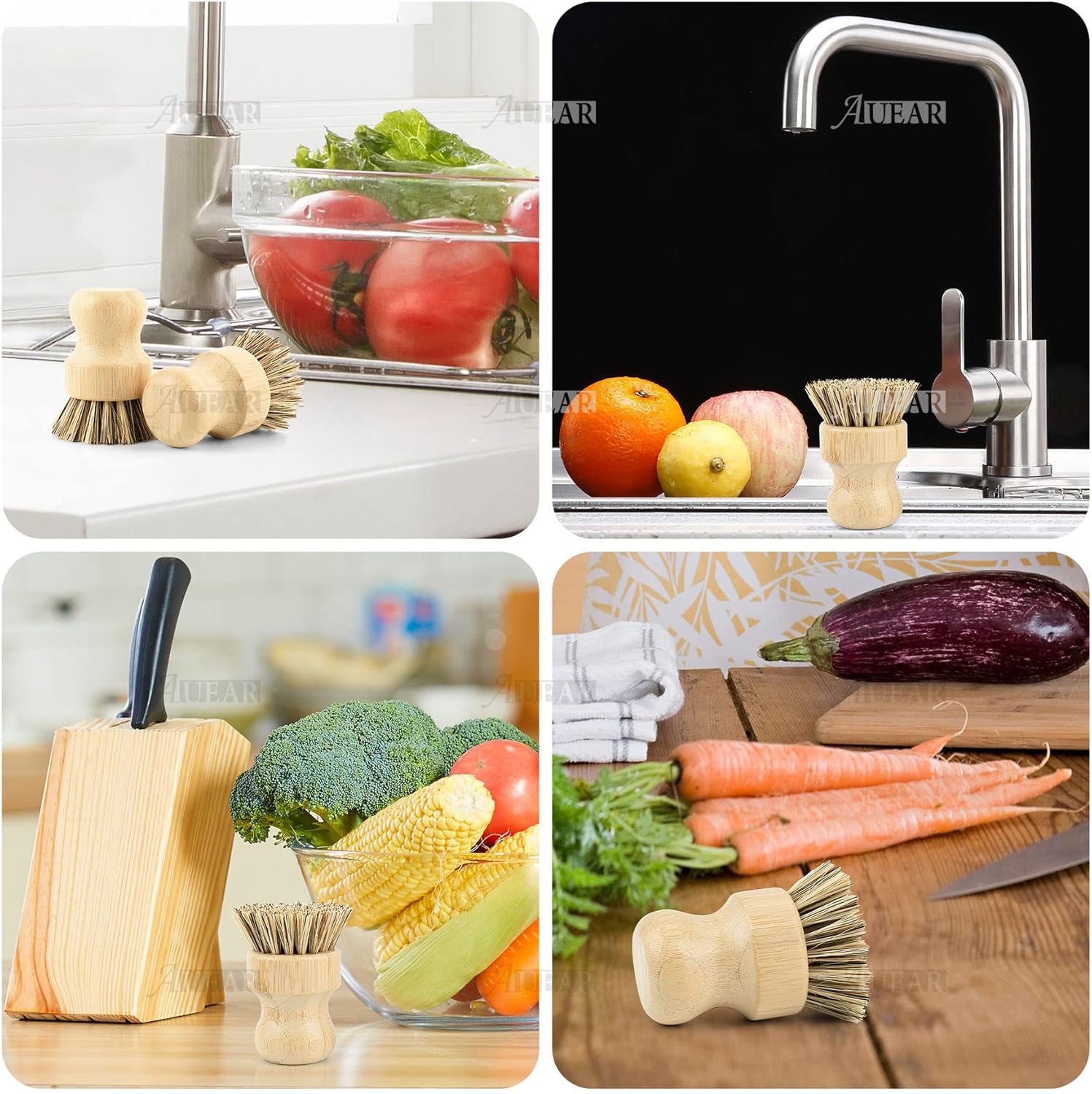 AUEAR, Cepillo de bambú natural para fregar platos, cepillos de limpieza para ollas, cerdas de coco para sartenes de hierro fundido (paquete de 4)