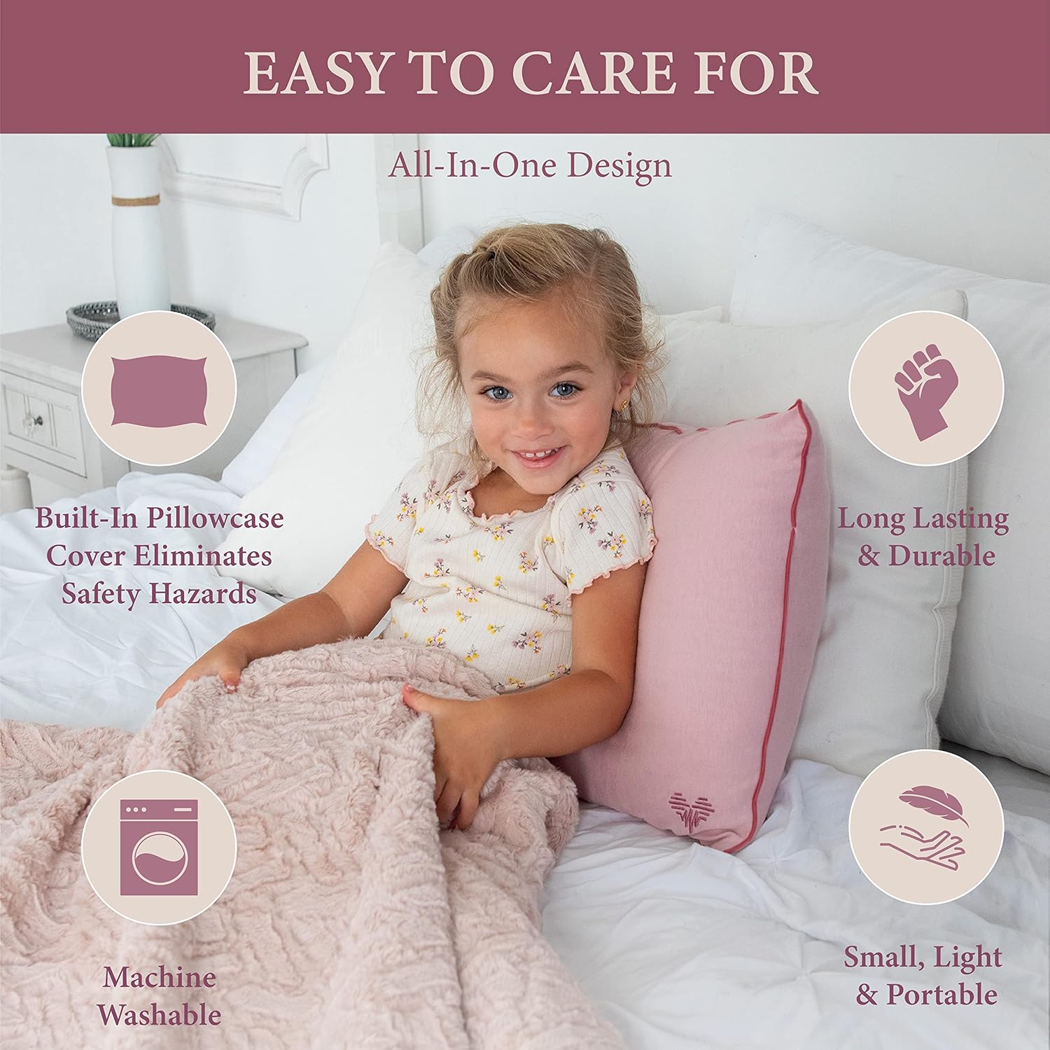 Pharmedoc Almohada para niños pequeños con funda de almohada, almohada Little Garoo de 14 x 19 pulgadas, almohadas de algodón orgánico rosa para