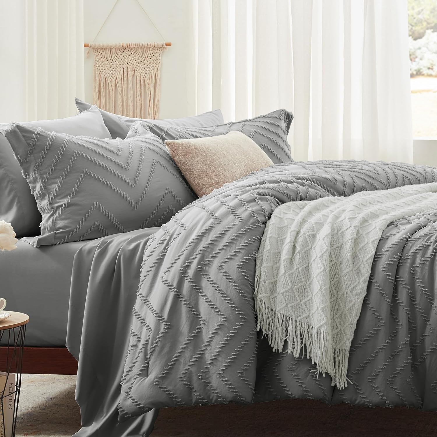 Anluoer – Juego de edredón tamaño King, color gris, con relieve, 7 piezas, para todas las estaciones, incluye 1 edredón, 2 fundas de almohada, 2