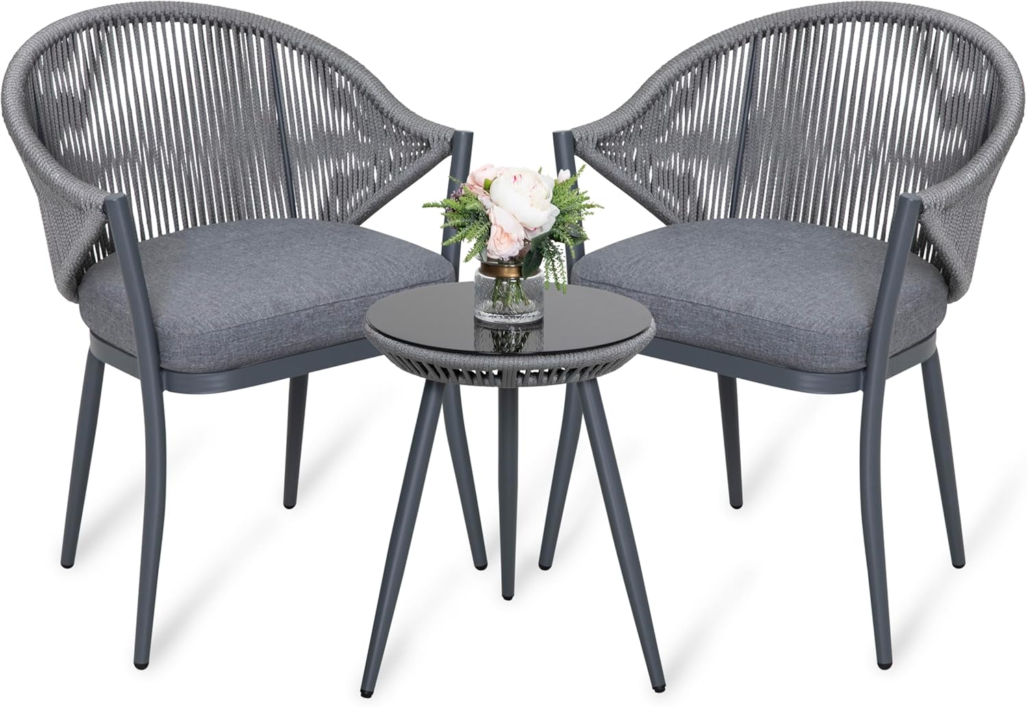 NUU GARDEN Juego de 3 piezas de bistró para exteriores, juego de patio de conversación de cuerda tejida, muebles de aluminio para todo tipo de