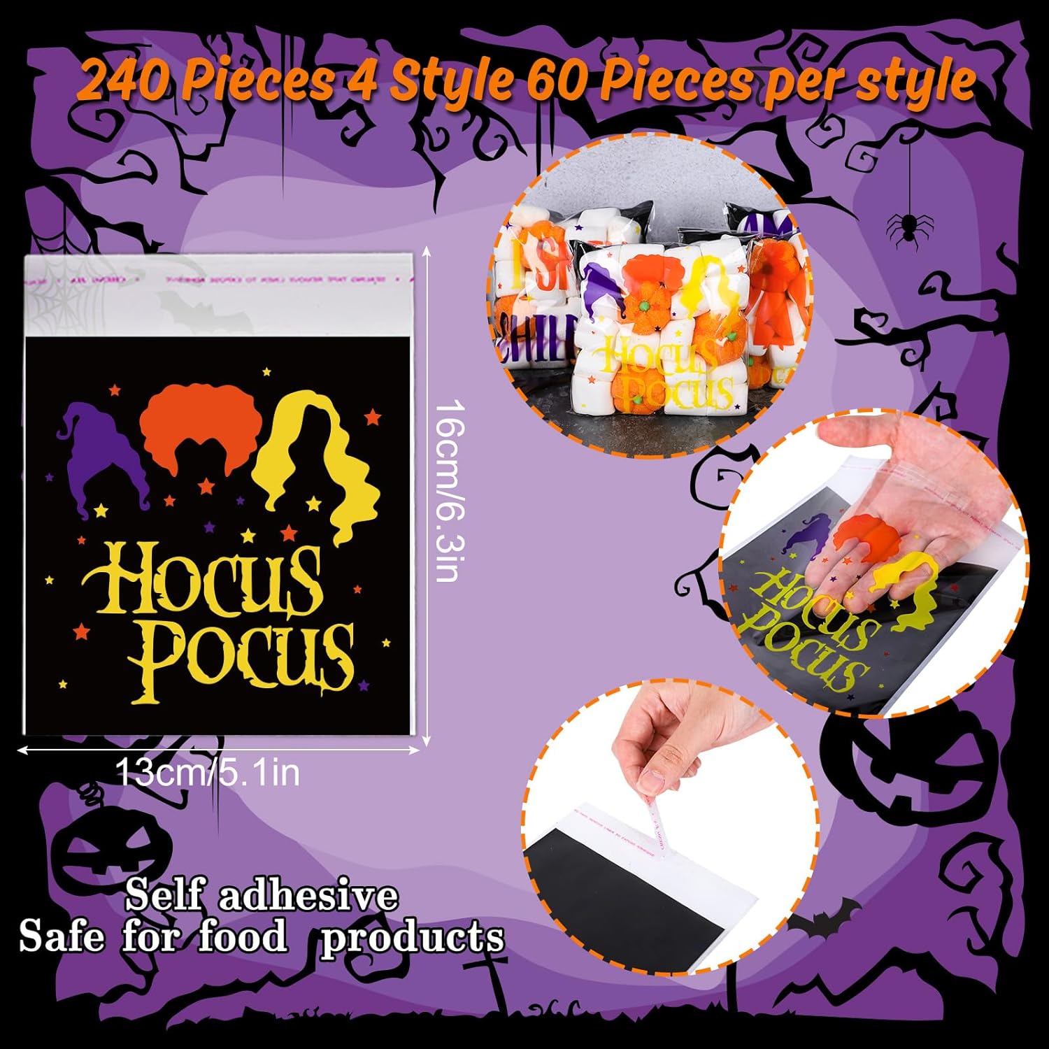 Whaline 240 bolsas de celofán para Halloween, autoadhesivas, bolsas de regalo de bruja Hocus Pocus, bolsas de regalo de brujas de celofán, bolsas de