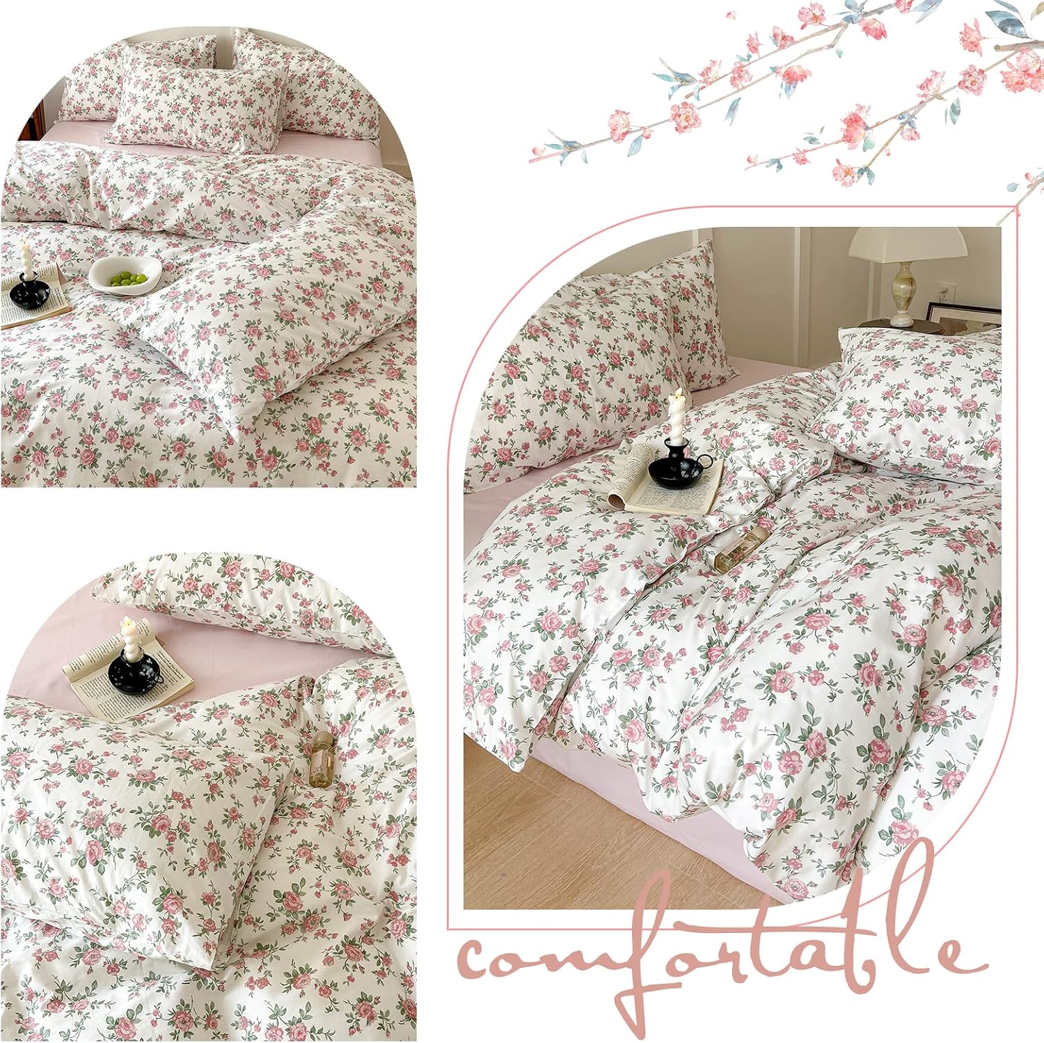 EAVD Juego de funda de edredón floral rosa, tamaño individual, suave, 100% algodón, juego de ropa de cama floral de jardín con 2 fundas de almohada,