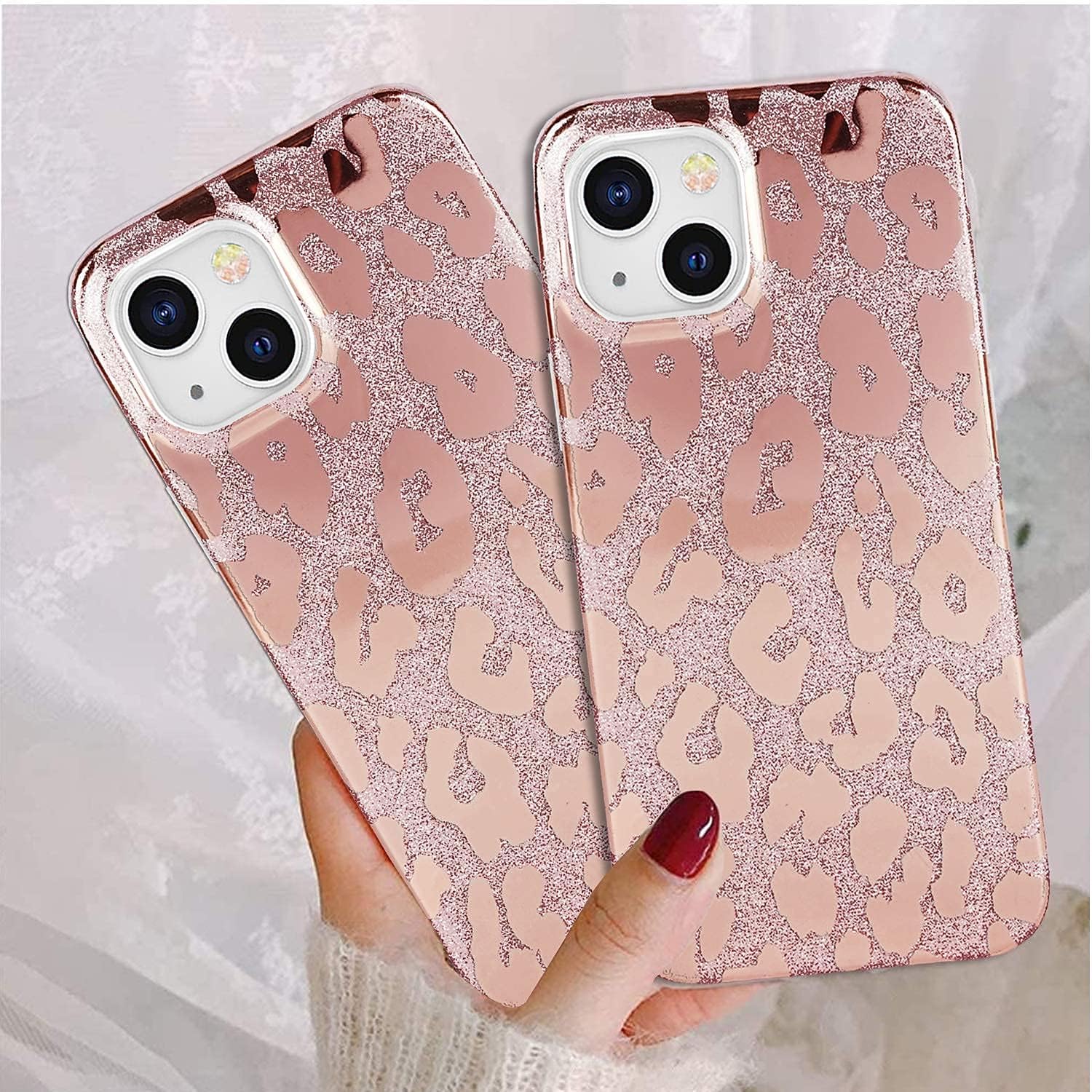 J.west Funda compatible con iPhone 15 de 6.1 pulgadas, diseño de estampado de leopardo con purpurina metálica de lujo, delgada, de silicona suave,