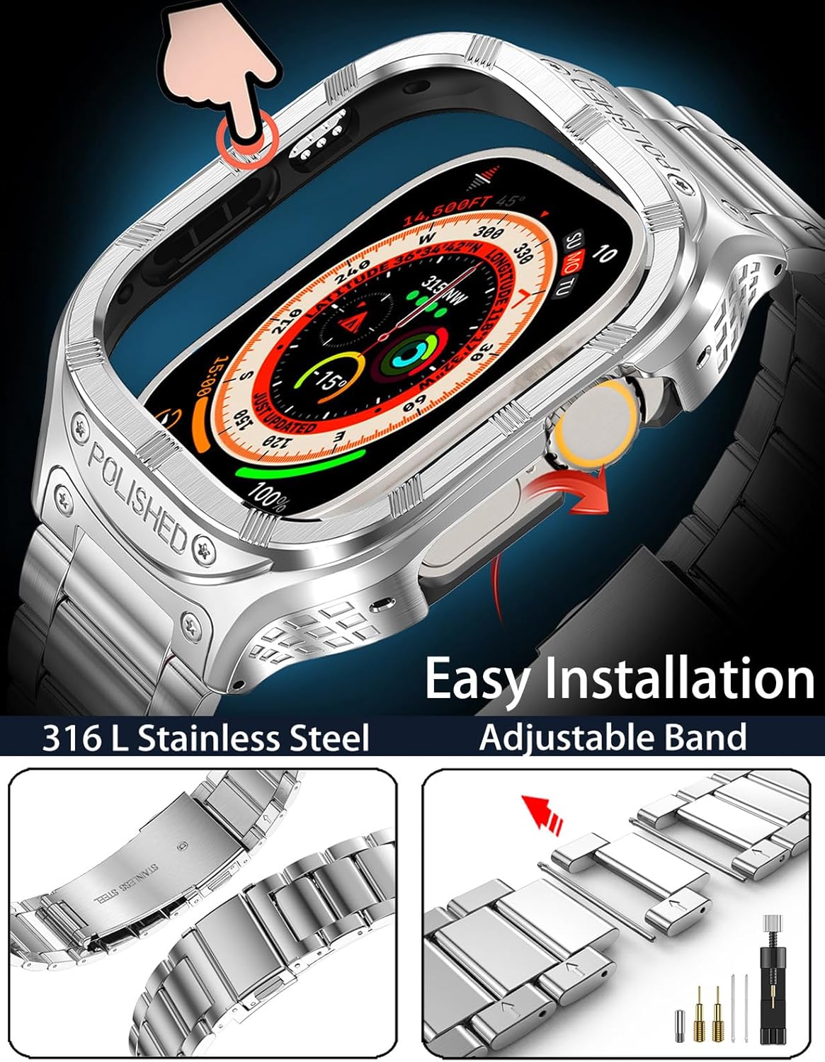 Caja y correa de acero inoxidable para Apple Watch Band de 1.772 pulgadas, 1.732 pulgadas, 1.654 pulgadas, funda metálica militar para Apple Watch
