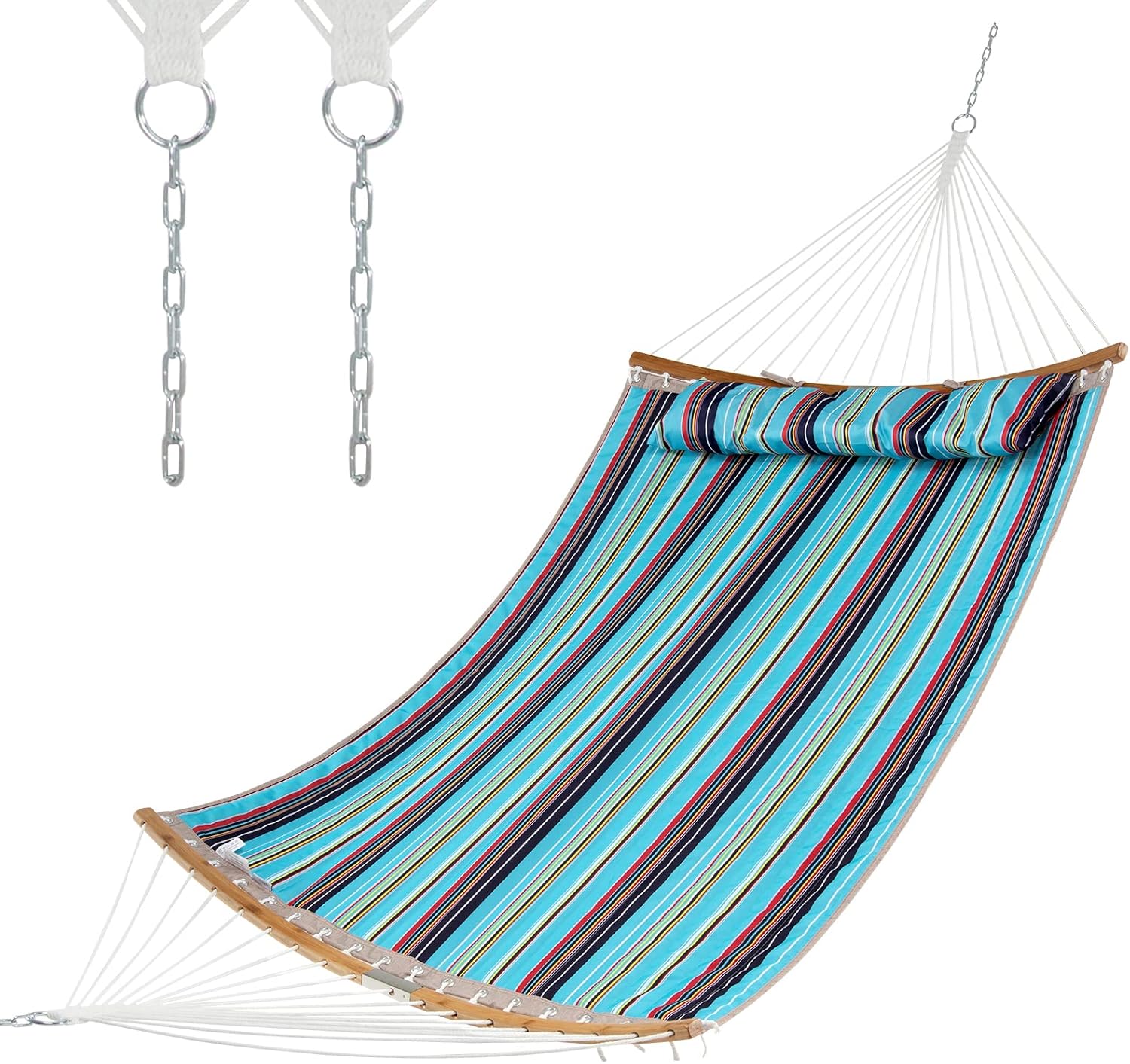 Giantex Hamaca con almohada desmontable para colgar al aire libre, hamaca de patio con barra separadora de bambú curvada, cadena de acero, hamaca
