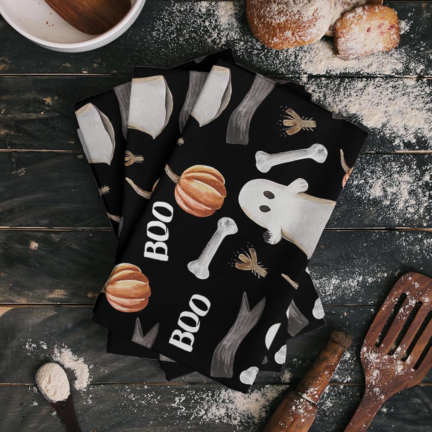 Paquete de 2 toallas de cocina y paños de cocina, diseño de rama de hueso de fantasma de Halloween, calabaza, negro, 18 x 28 pulgadas, toallas de