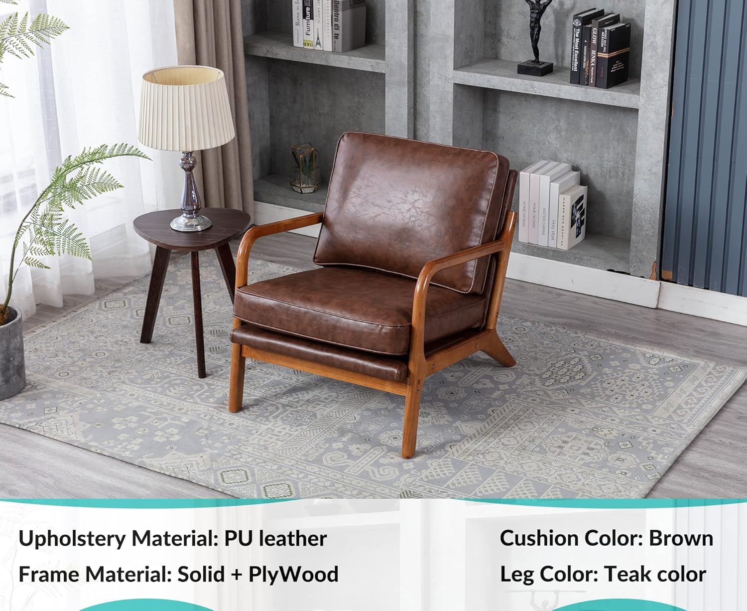 JOYBASE Sillón con brazos, silla decorativa moderna de mediados de siglo, sillón con marco de madera para sala de estar, dormitorio (marrón, cuero