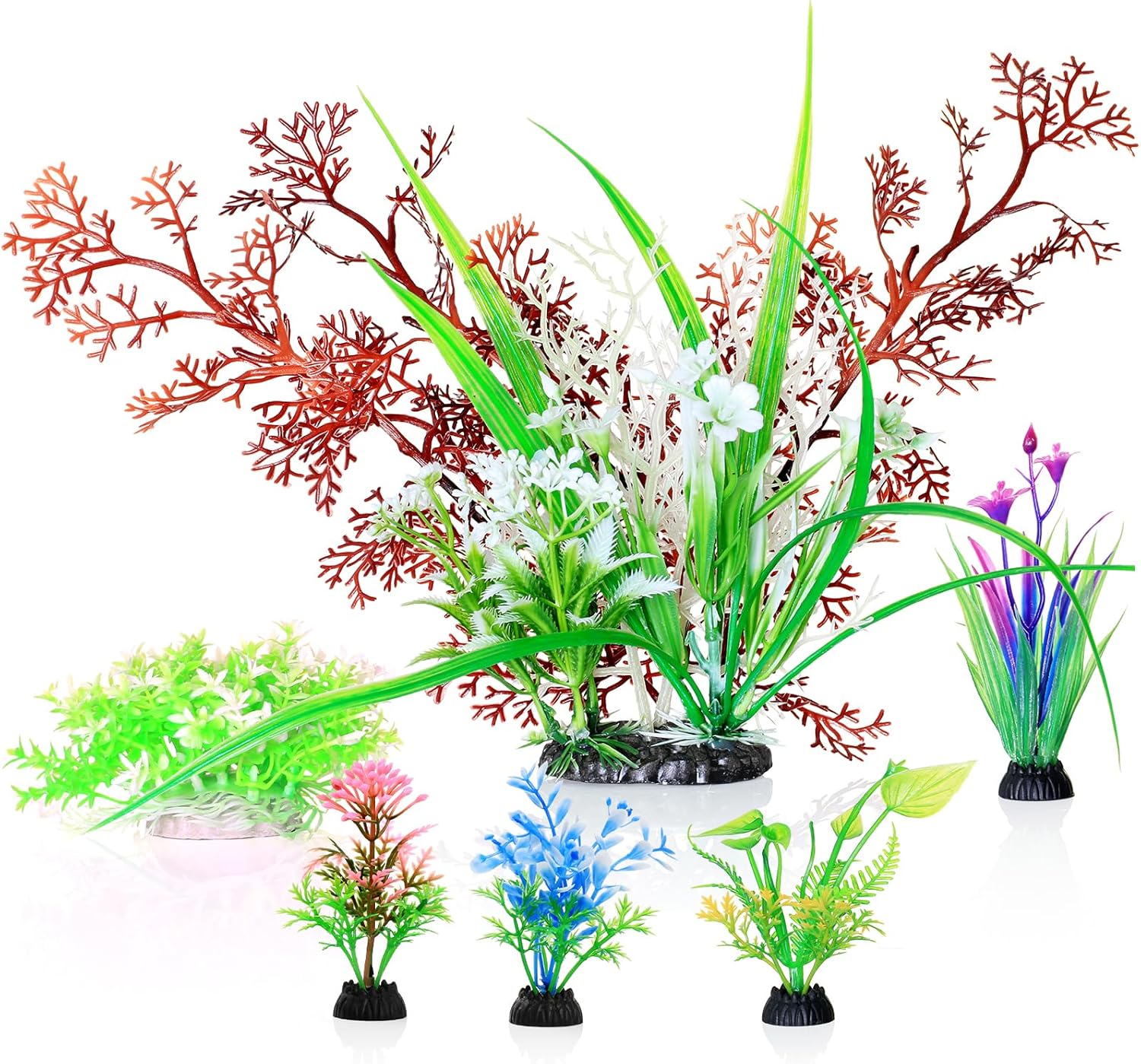 Plantas de acuario, pecera artificial, plantas de plástico, decoración de plantas de coral falso, color blanco y rojo, juego de 6 piezas