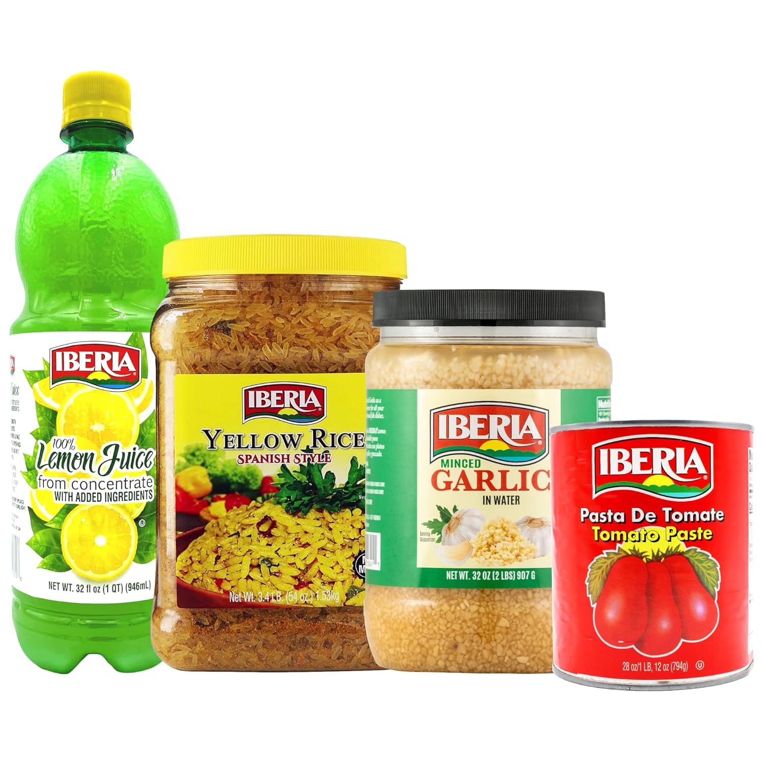 Iberia Jugo de limón 32 onzas + arroz amarillo Iberia 3.4 libras + Iberia Sweet Red Pimientos 27.5 oz + Iberia Picado ajo 32 oz
