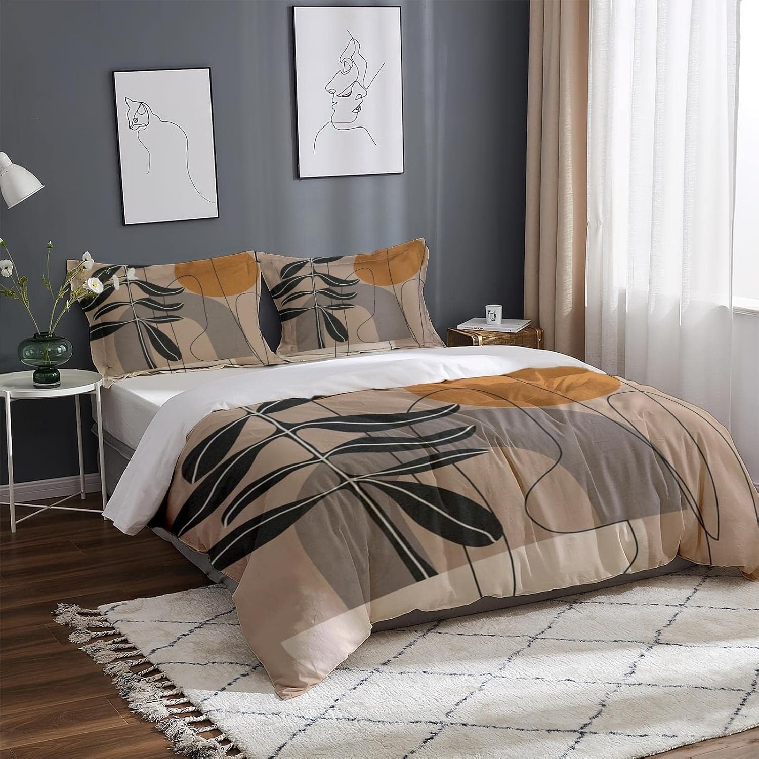 LTAETHC Funda de edredón tamaño Queen, funda de edredón medieval con plantas tropicales bohemias, juego de ropa de cama de 3 piezas con plantas