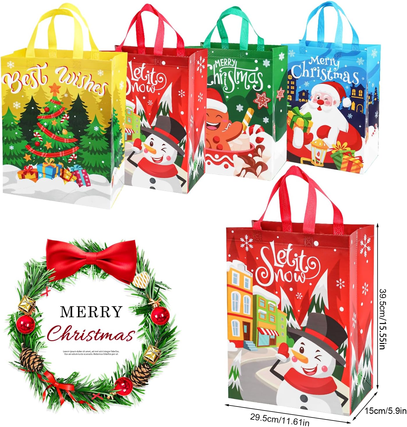 Paquete de 12 bolsas grandes de Navidad con asas, bolsa de regalo reutilizable, no tejida, bolsas de compras para suministros de fiesta de Navidad