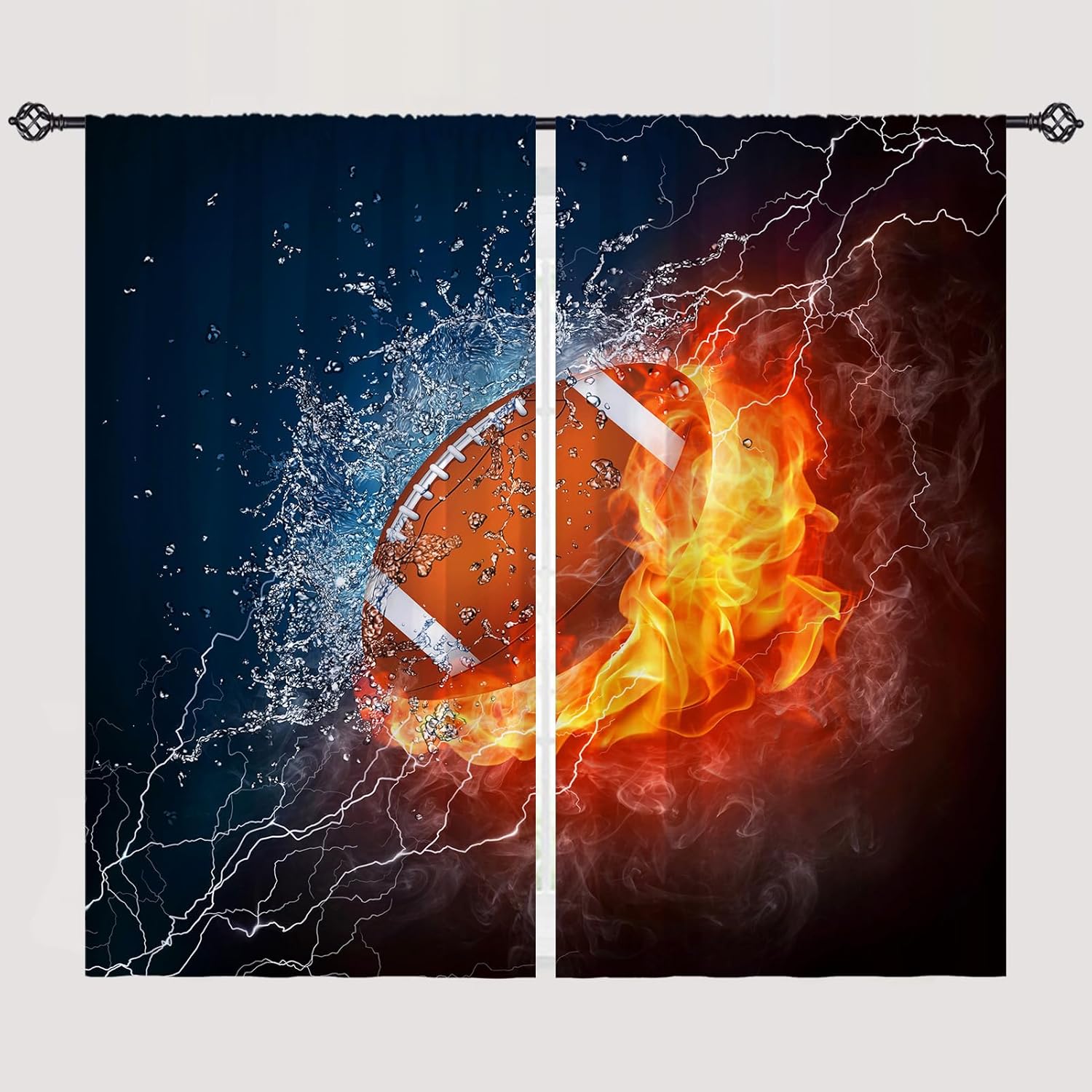 ANHOPE Cortinas de fútbol para niños, con temática deportiva, cortinas de ventana con diseño de fuego, rugby, llama, trueno, rayo, bolsillo para