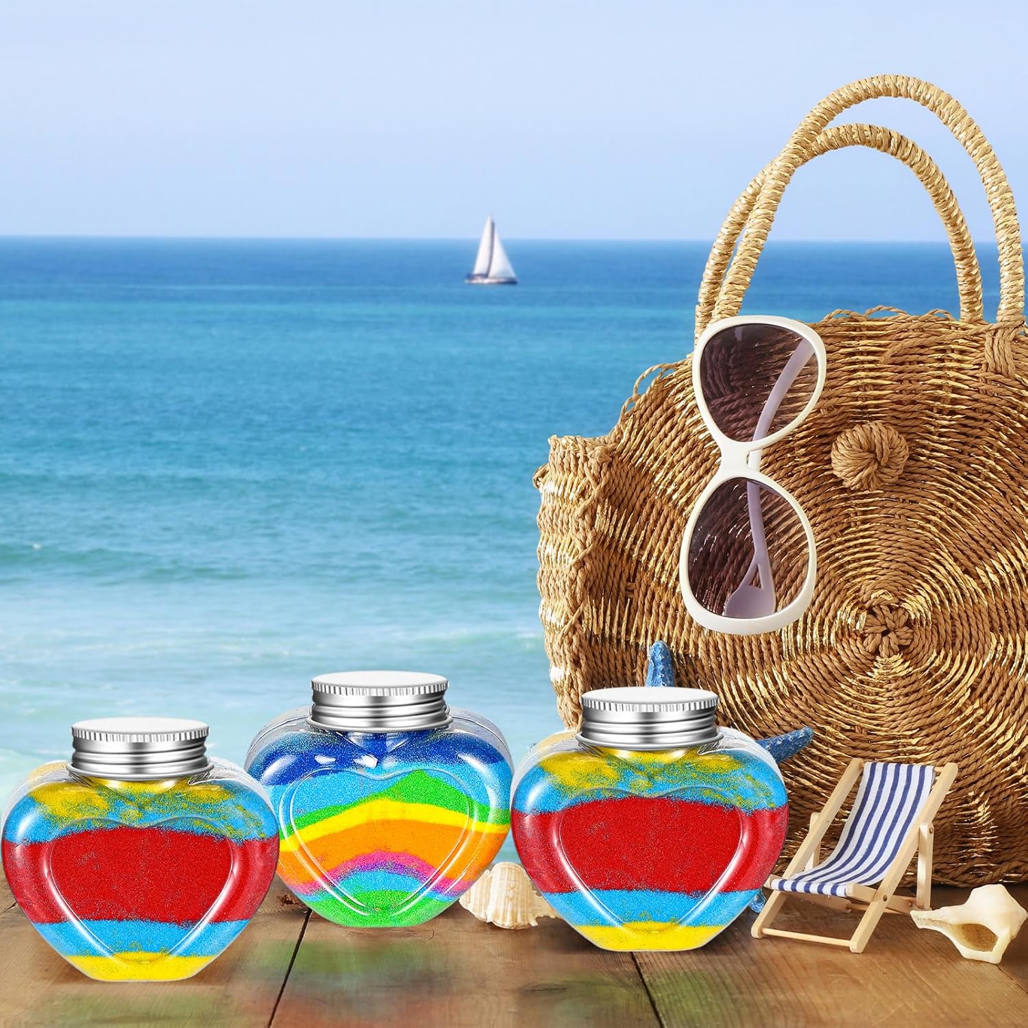 Hsei 50 botellas de arte de arena, botellas de poción de plástico con 5 embudos pequeños, kits de contenedores de arte de arena para niños, fiestas