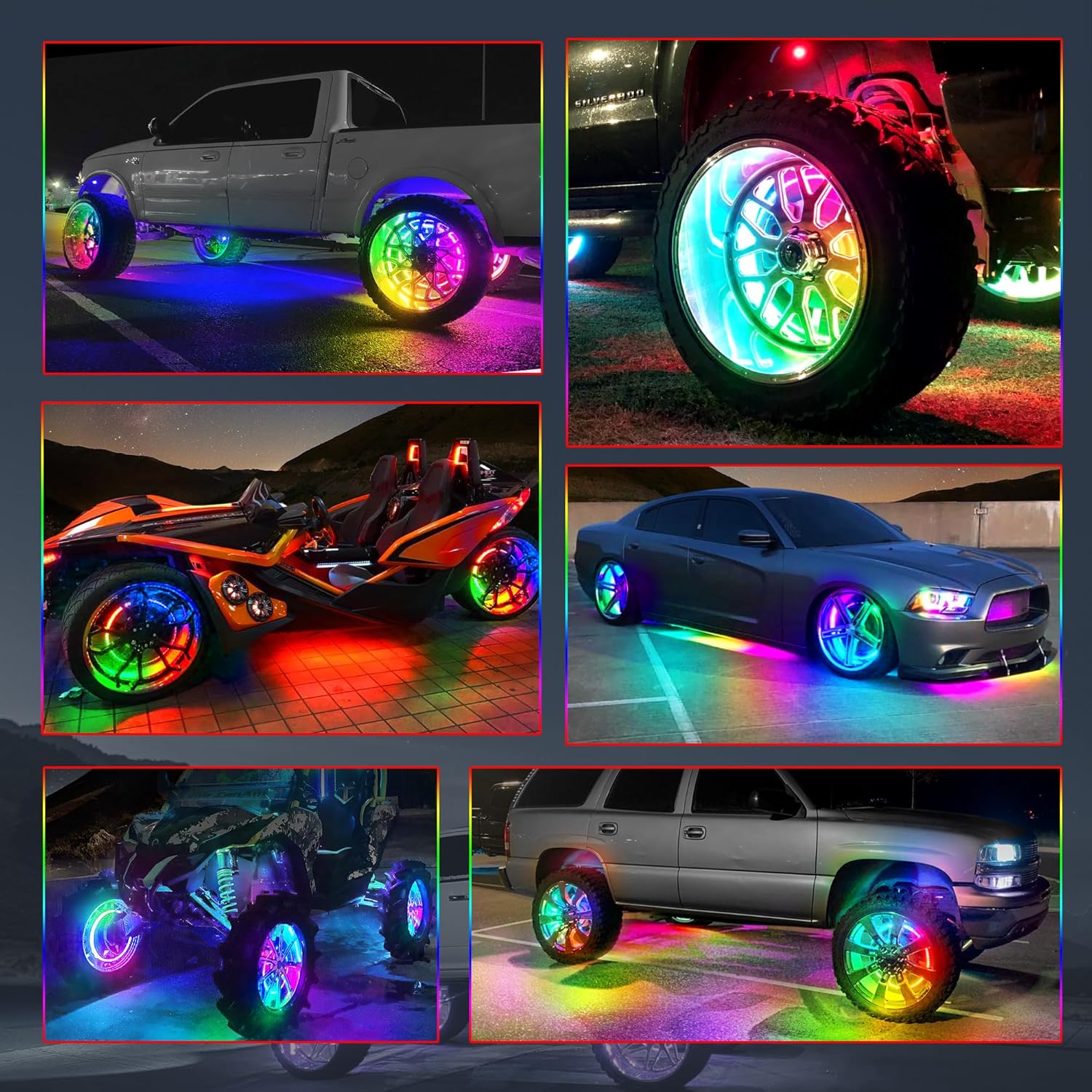MICTUNING Kit de luces de anillo de rueda de color V1 RGB+IC de 15 pulgadas con control de aplicación, luces de neón de doble fila de luces de