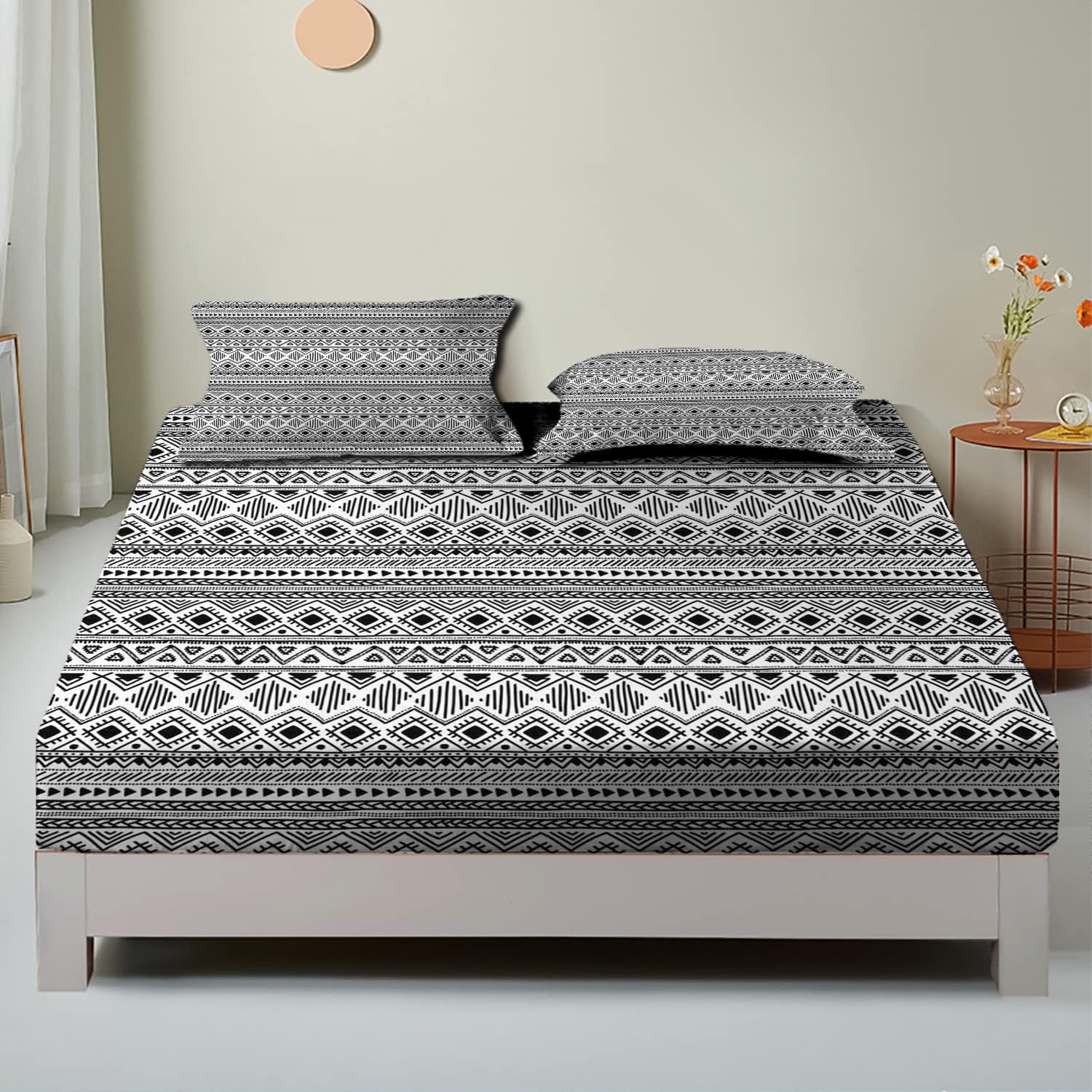 Juego de sábanas bajeras de tamaño Queen, diseño de rombos monocromáticos, juego de ropa de cama de 3 piezas con estampado decorativo, sábana
