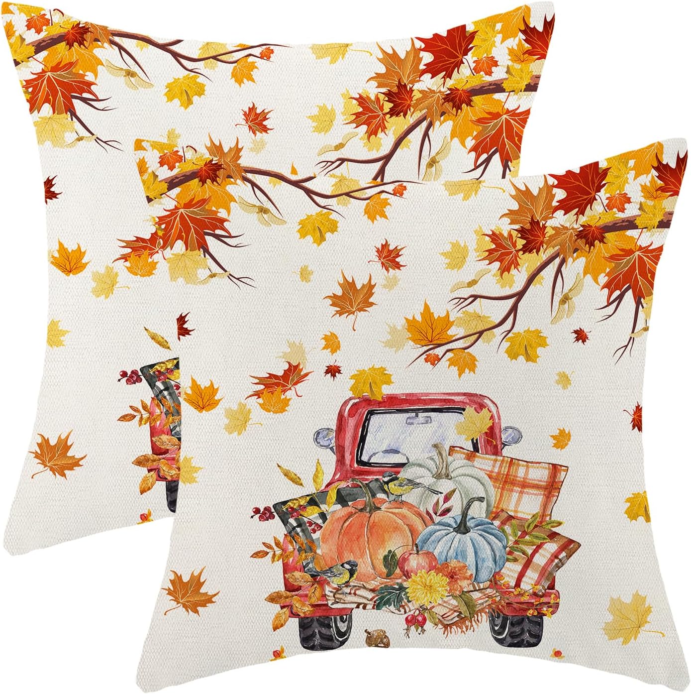 BETGINY Juego de 2 fundas de almohada de otoño de 18 x 18 pulgadas, fundas de almohada de hojas de arce otoñales, fundas de almohada de calabazas y