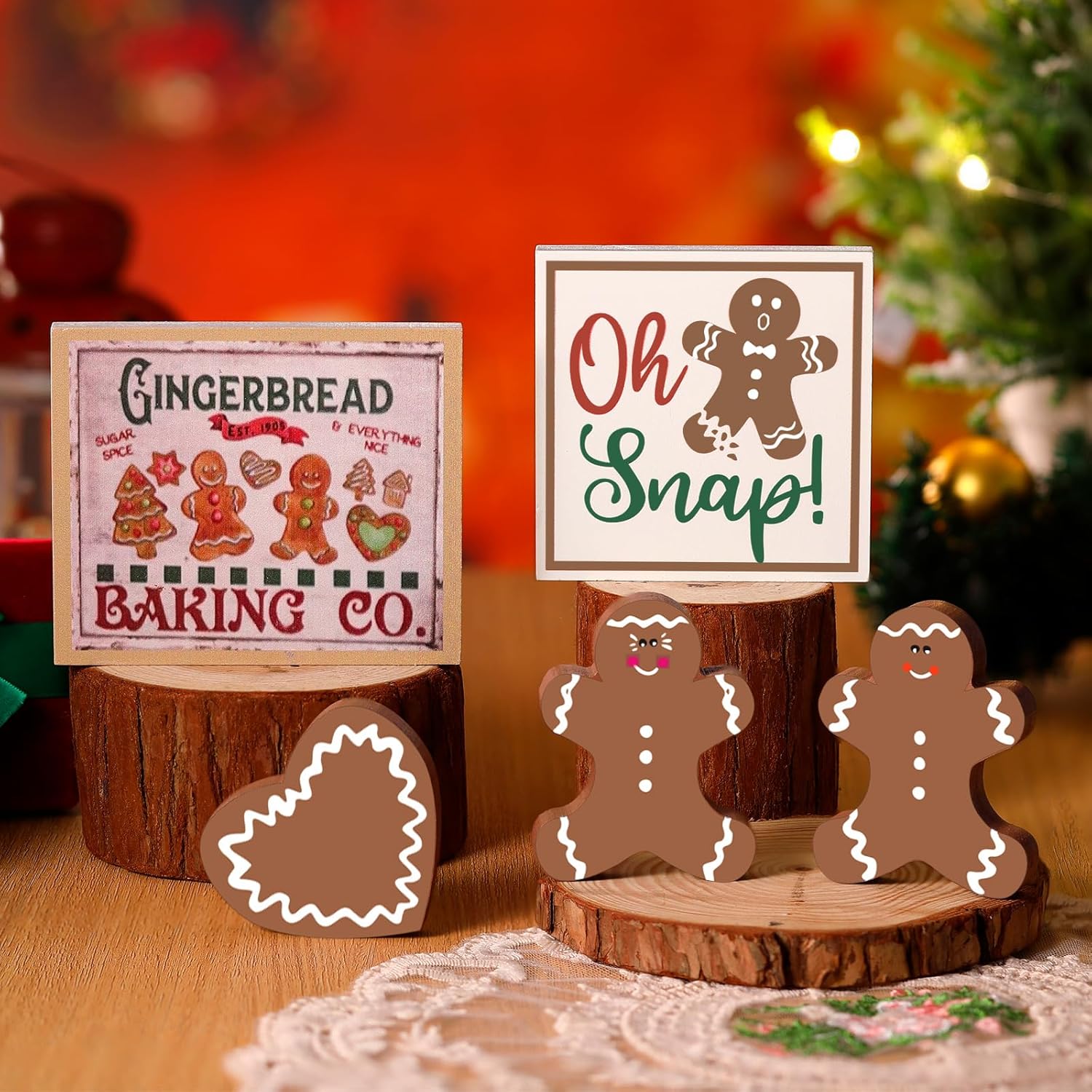 Suzile 5 piezas de decoración de mesa de hombre de jengibre de Navidad, bandeja rústica escalonada de madera de jengibre para árbol de Navidad,