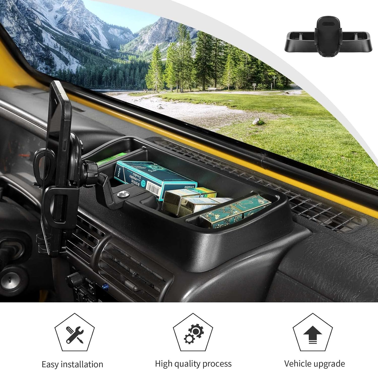 JWWY Soporte de teléfono para Jeep TJ con bandeja de almacenamiento compatible con accesorios Jeep Wrangler TJ 1997-2006, color negro