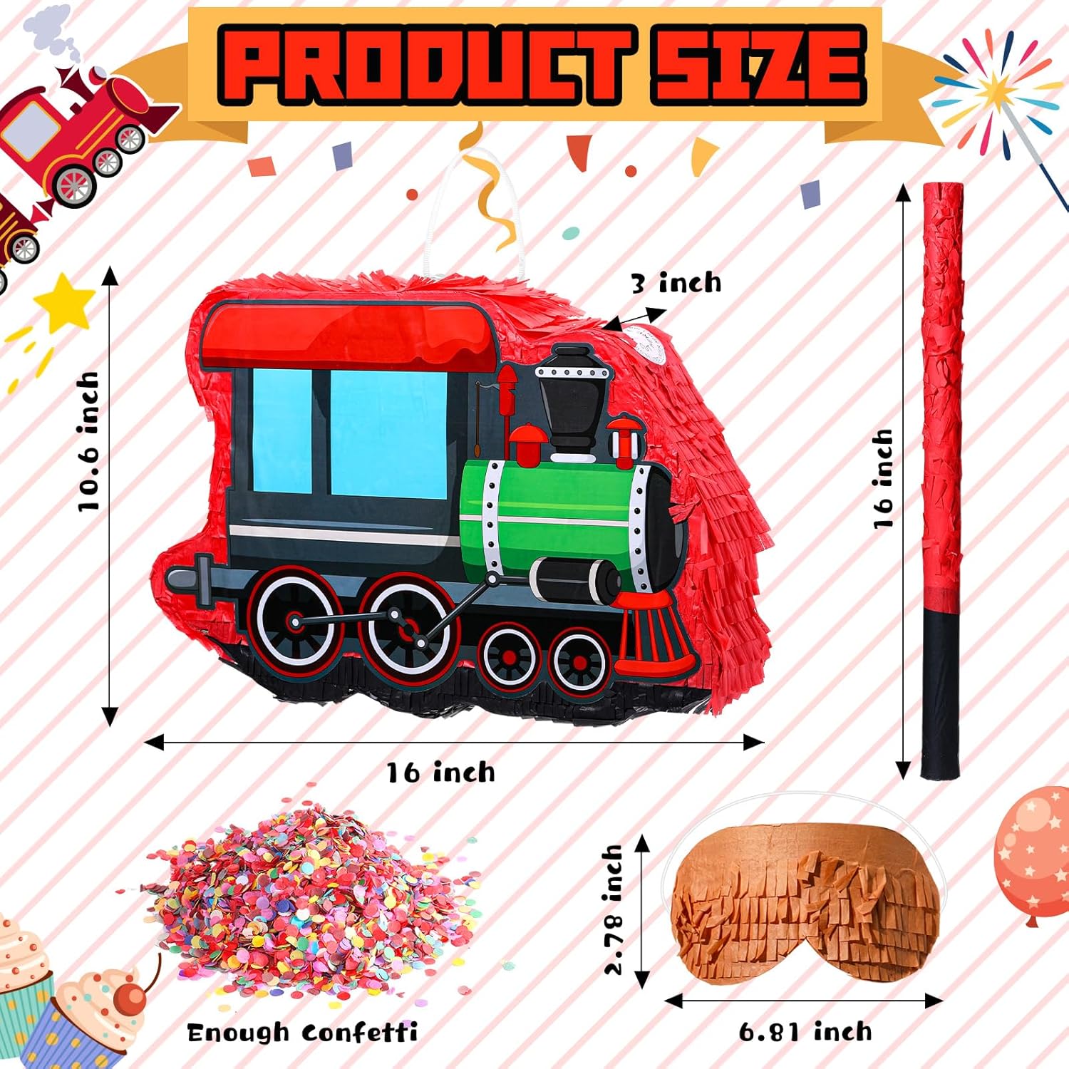 Jenaai Piñatas de tren pequeñas 3D para fiesta de cumpleaños con palo, vendas para los ojos, 16.1 x 11.4 x 3 pulgadas, confeti de tren pequeño,