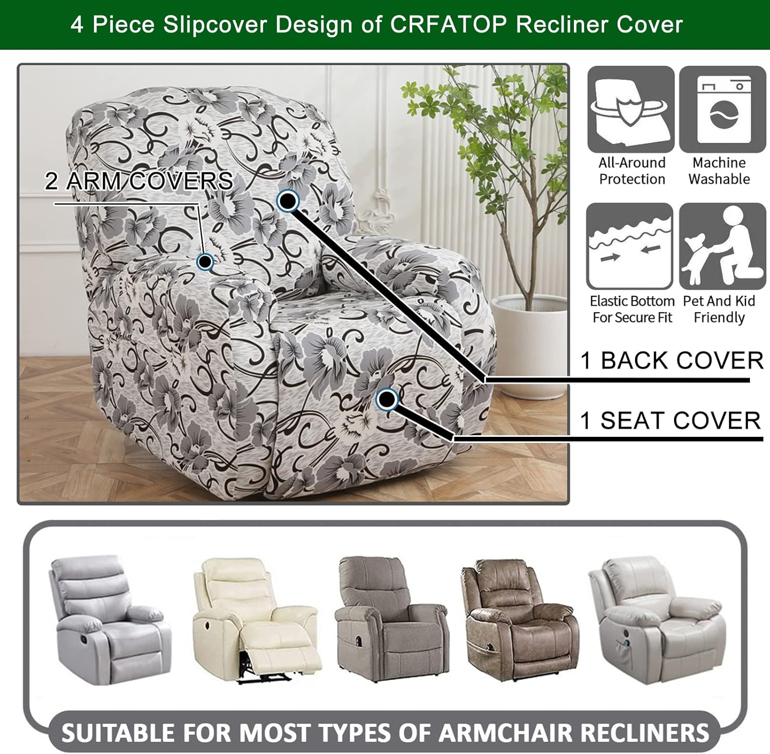 CRFATOP Funda elástica para sillón reclinable con bolsillos, estampado floral, funda reclinable individual de 4 piezas, funda para sofá reclinable