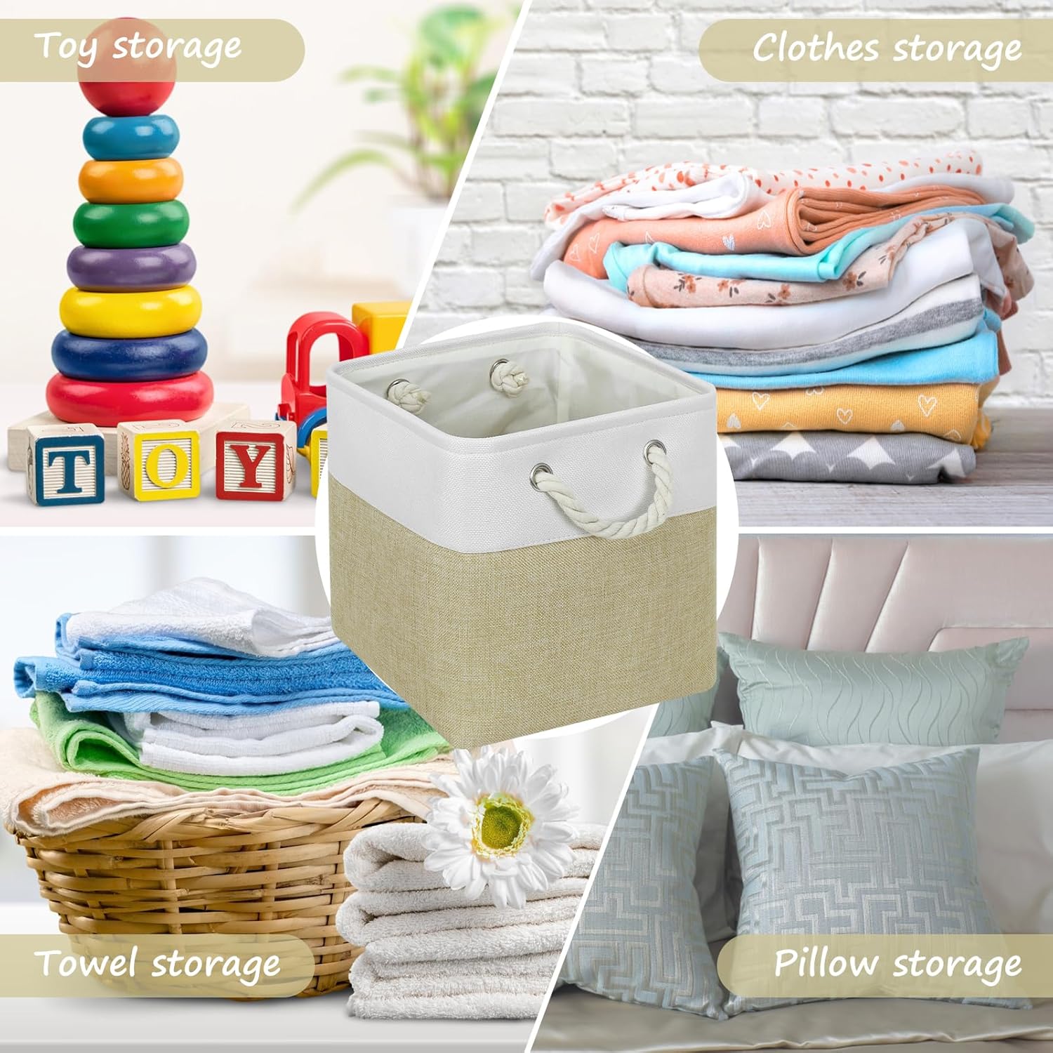 Contenedores grandes de almacenamiento de 11 x 11 pulgadas con asas de algodón para armario, estantes, ropa, juguetes, toallas (blancobeige, paquete