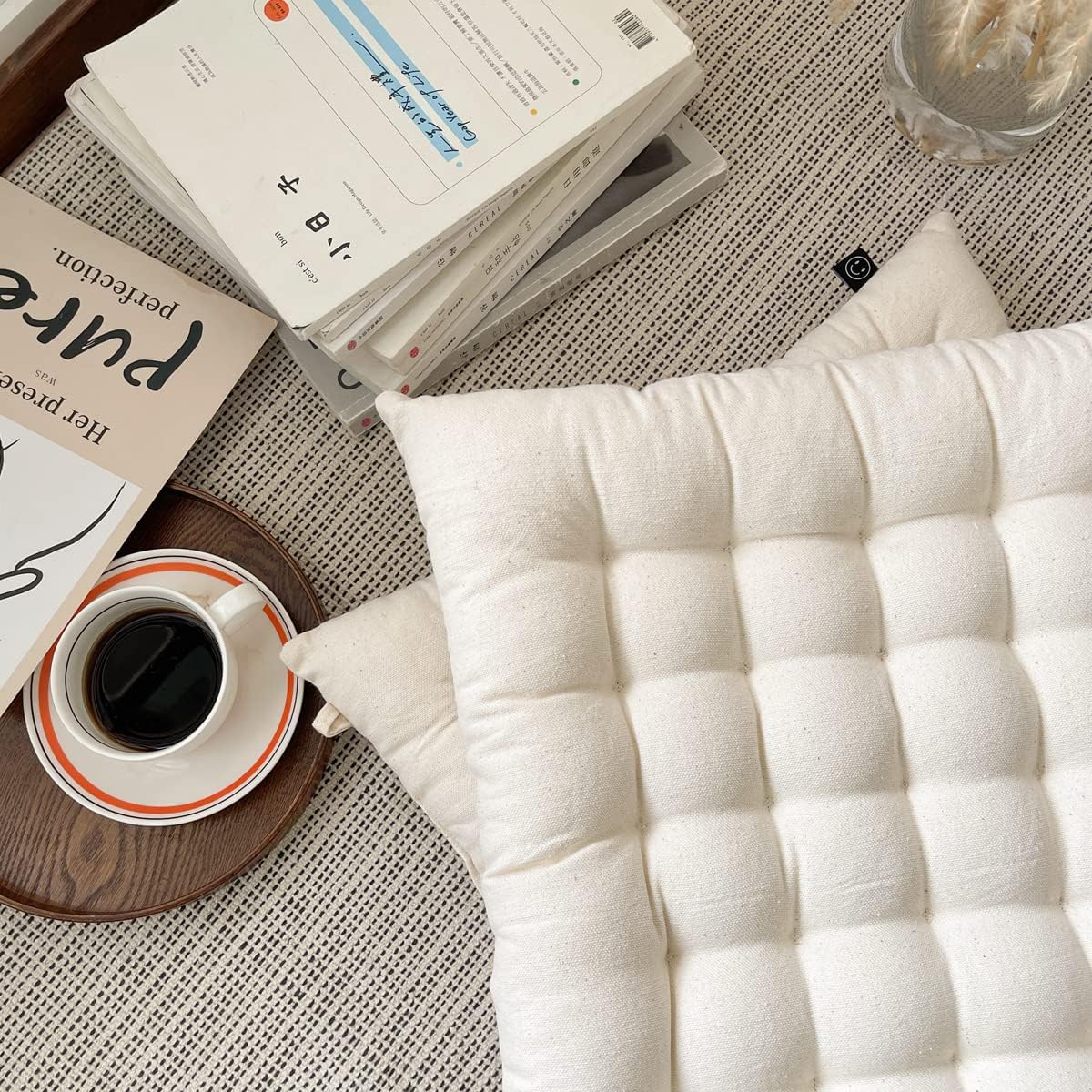 Lemfux Cojín de asiento blanco natural de tela reciclada para silla de oficinaescritorio, suave y grueso material sostenible, cojín cuadrado simple
