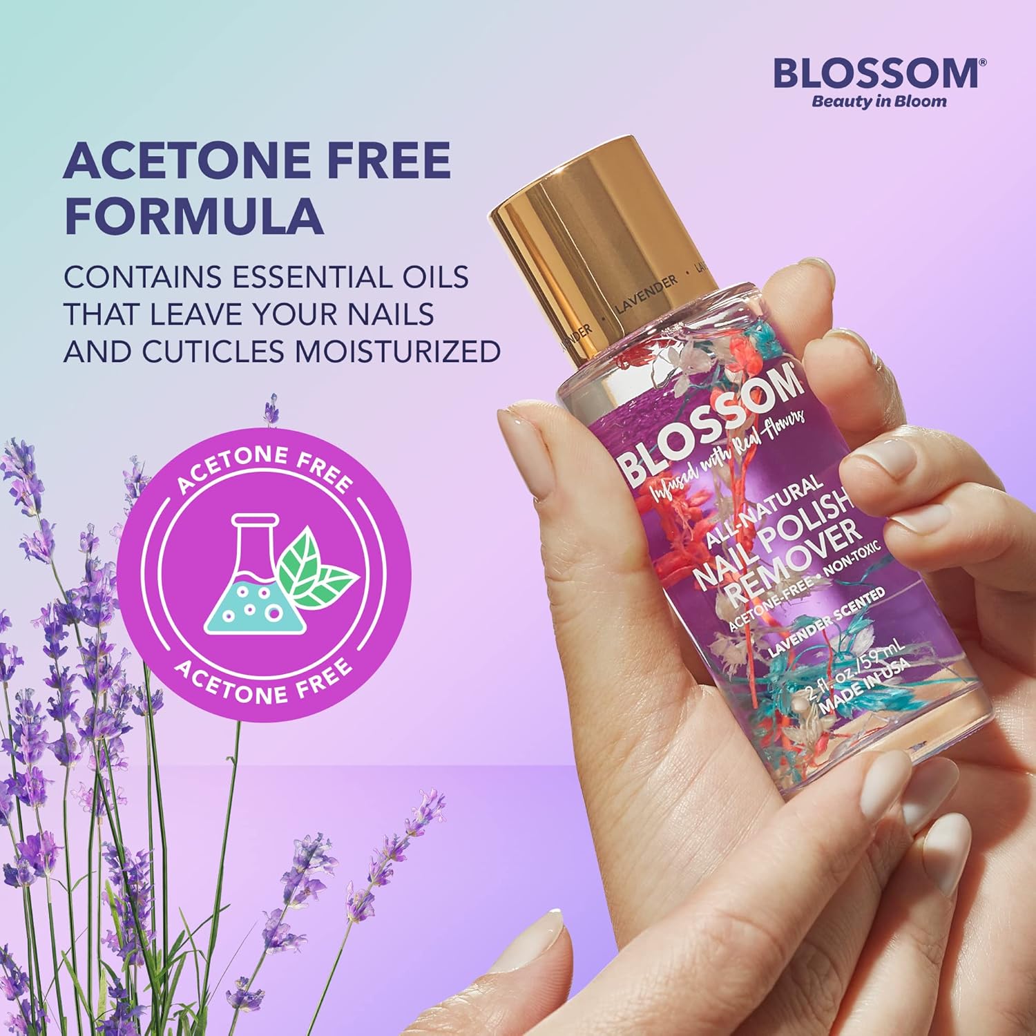 Blossom Todo natural, perfumado, orgánico a base de plantas, vegano, libre de crueldad, removedor de esmalte de uñas sin acetona, infundido con