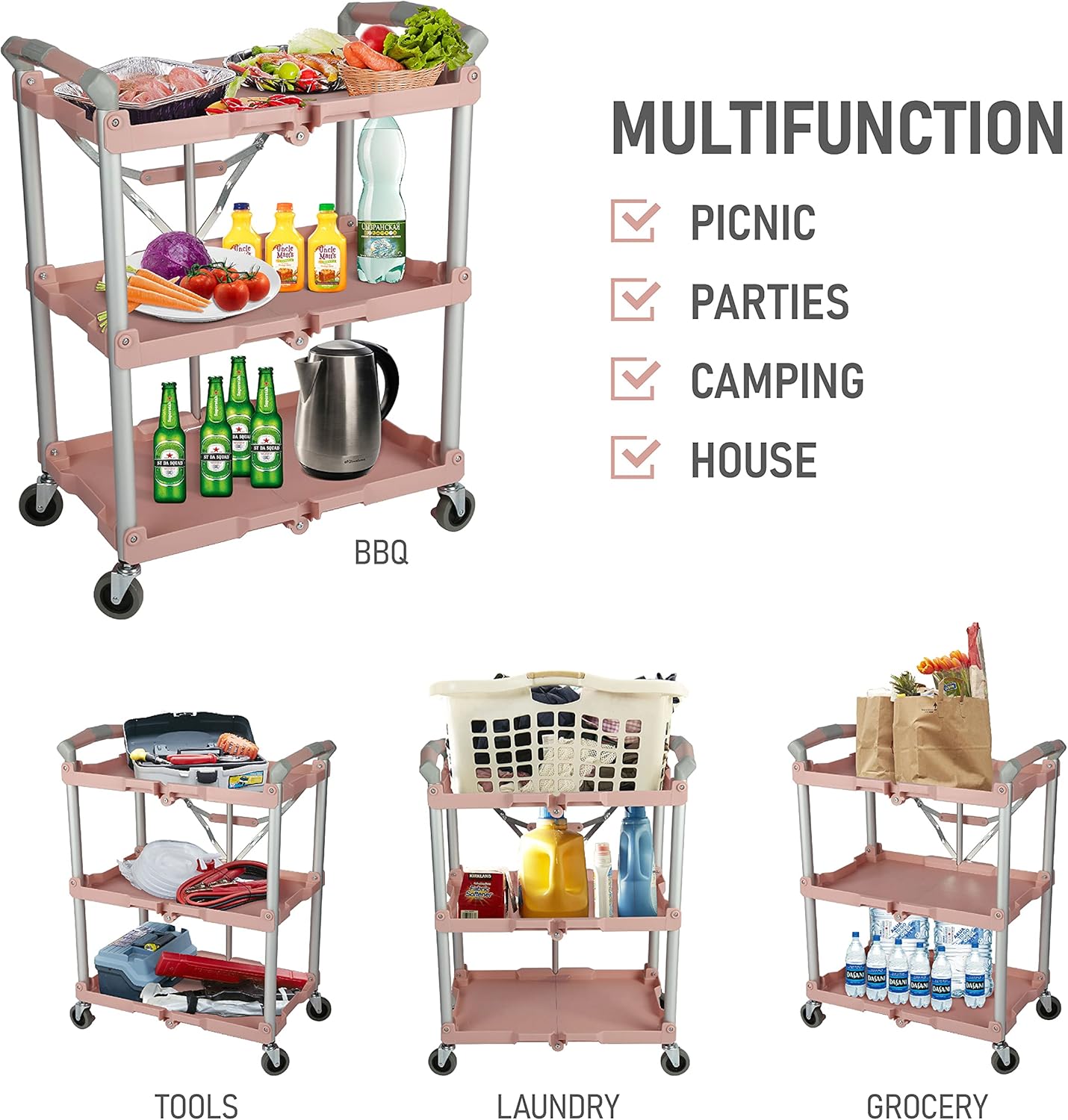 Olympia Tools Carrito de servicio plegable N Roll de 89-350, capacidad de 150 libras, 3 niveles, rosa
