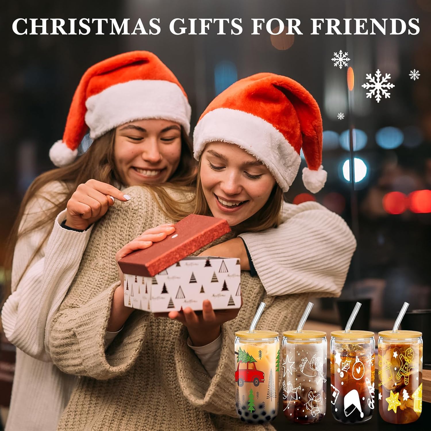 Umigy Paquete de 12 vasos de Navidad de 16 onzas, tarros de Navidad con tapas y pajitas, vasos de Navidad, vasos con forma de lata de cerveza, tazas