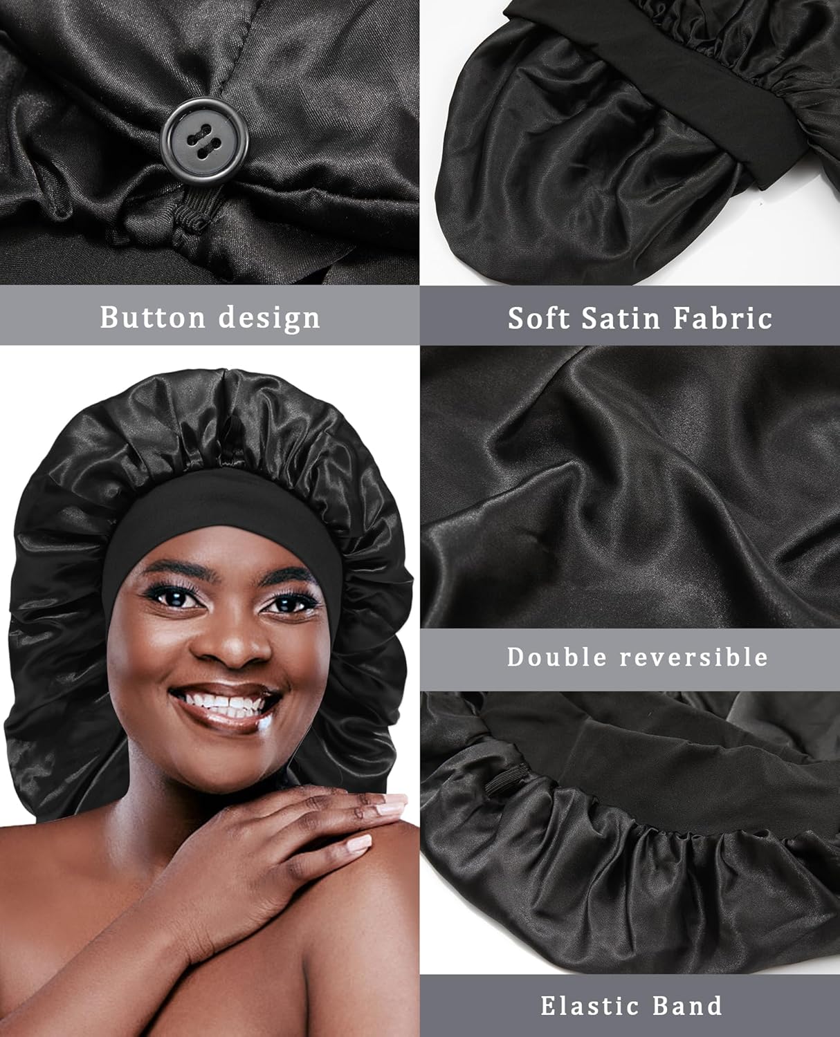 AWAYTR Gorro largo de satén para mujer, gorro de seda de 2 capas para trenzas, gorro de dormir elástico con gorro de noche de banda ancha (negro)