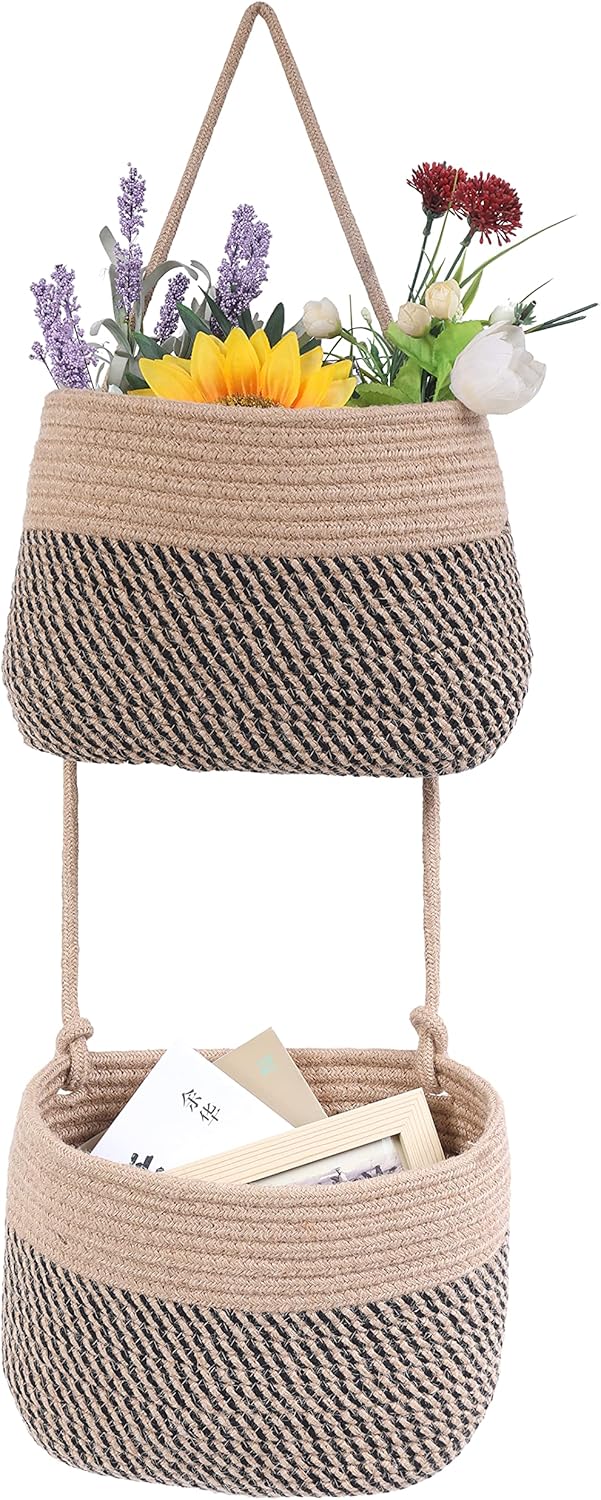 Cesta colgante para colgar sobre la puerta, cesta de pared tejida de cuerda de algodón de 2 niveles, organizador colgante para revistas, cestas de