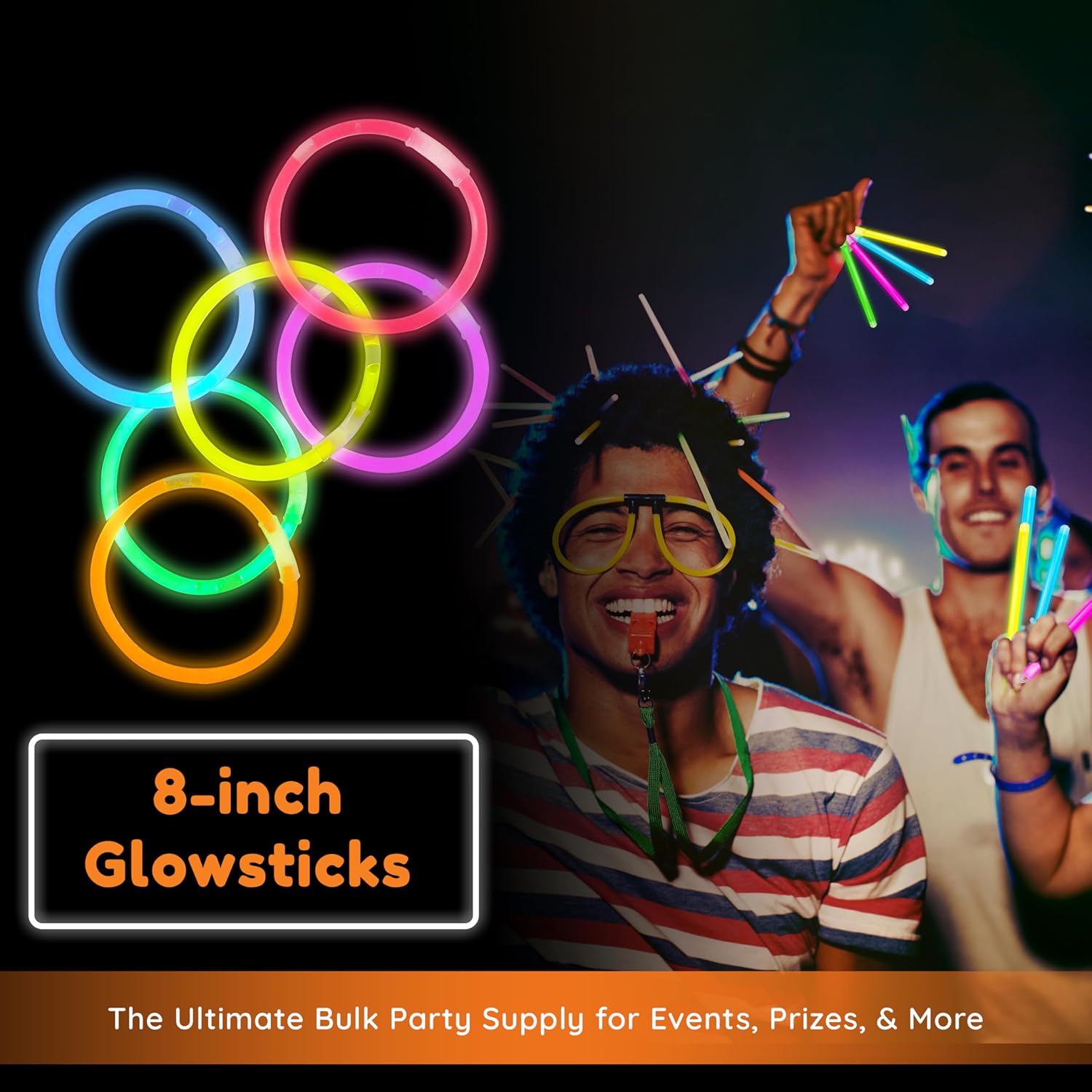 Glowsticks – Paquete de 1200 piezas de fiesta a granel que incluye 600 palillos brillantes de 8 pulgadas y 600 conectores, pulseras y collares,
