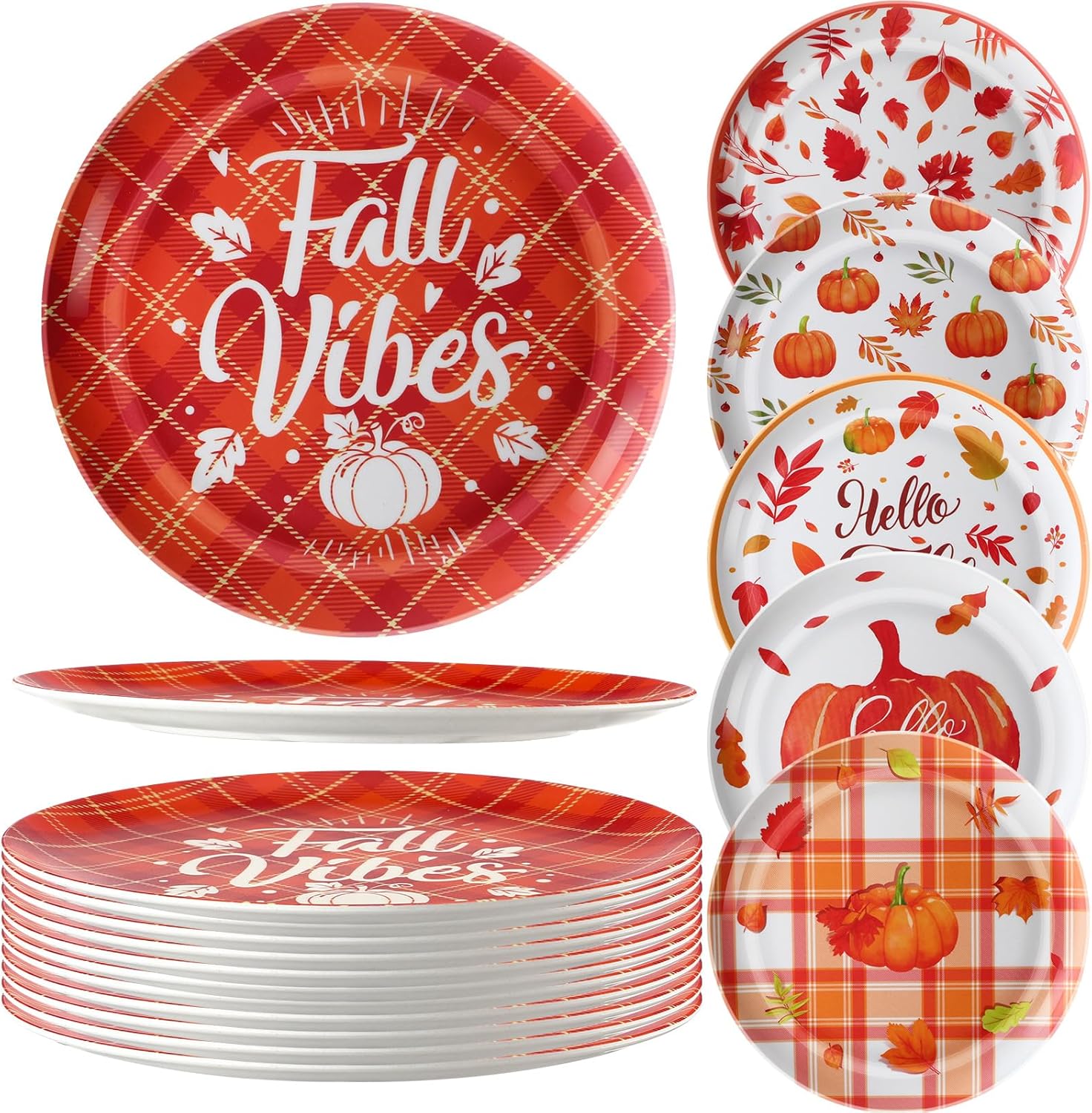 12 platos de postre de otoño, hojas de otoño, platos de calabazas, platos reutilizables de plástico para otoño, para fiesta de Acción de Gracias,